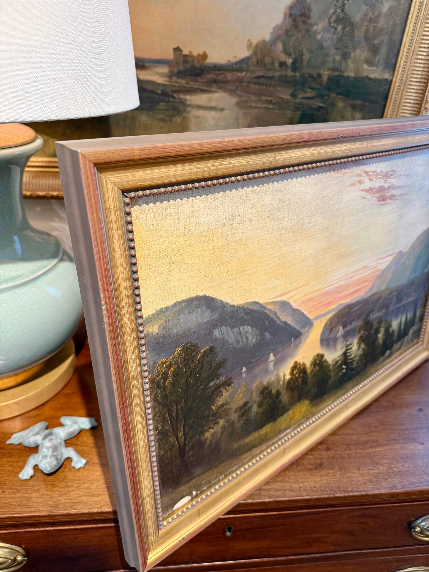 19th Century American Hudson River Valley Luminous Landscape Oil Painting in Gold Frame