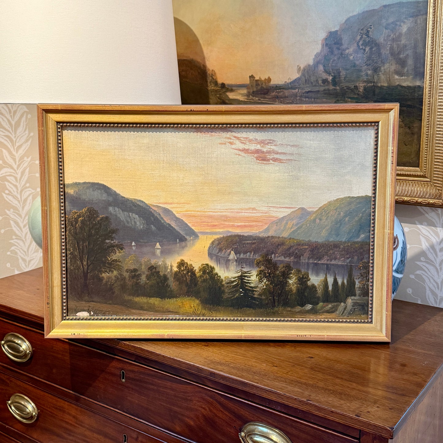 19th Century American Hudson River Valley Luminous Landscape Oil Painting in Gold Frame