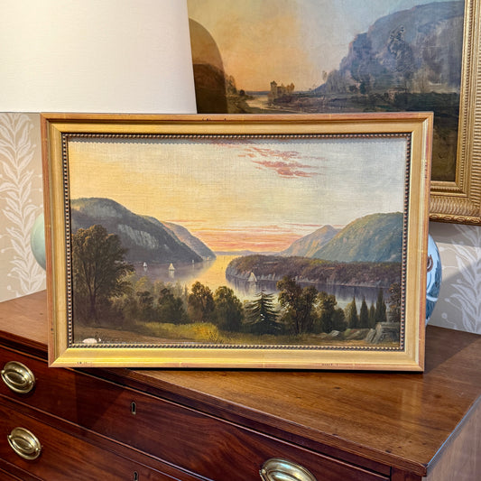 19th Century American Hudson River Valley Luminous Landscape Oil Painting in Gold Frame