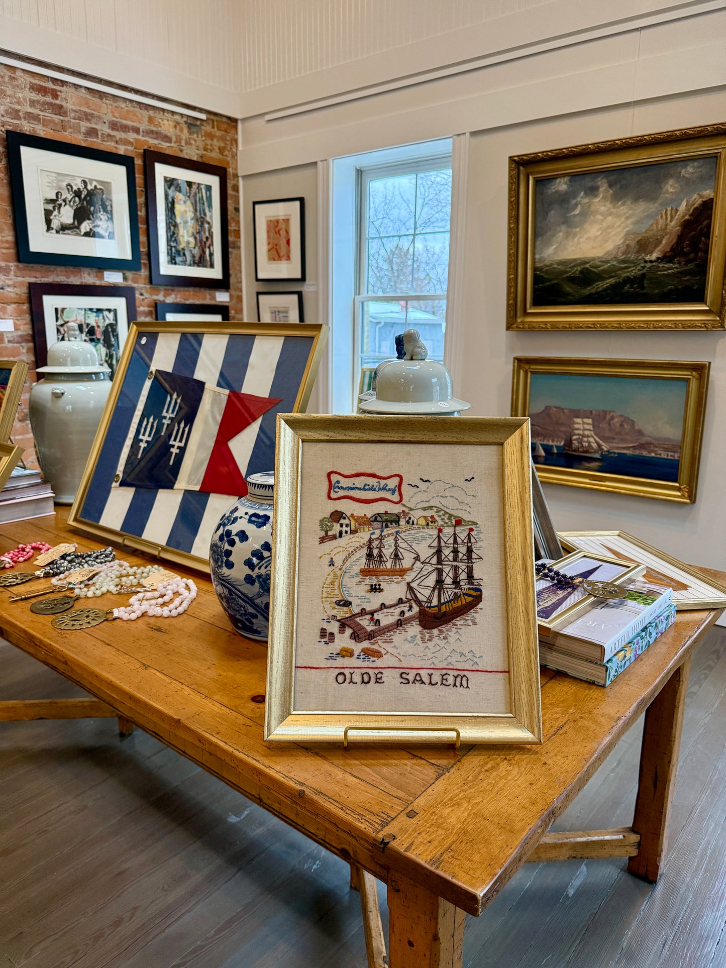Olde Salem Continental Wharf Salem, MA Needlepoint in Gold Frame
