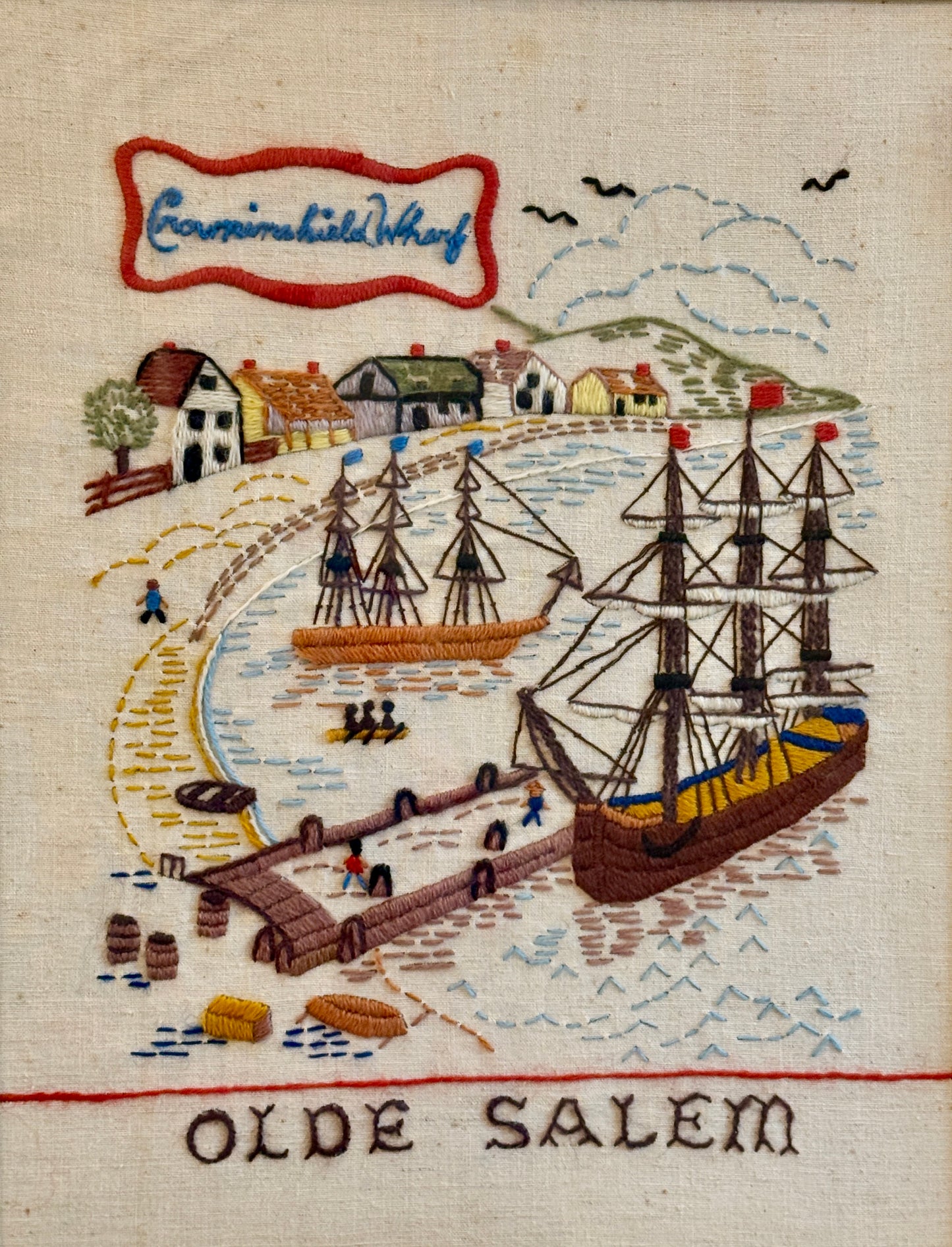 Olde Salem Continental Wharf Salem, MA Needlepoint in Gold Frame