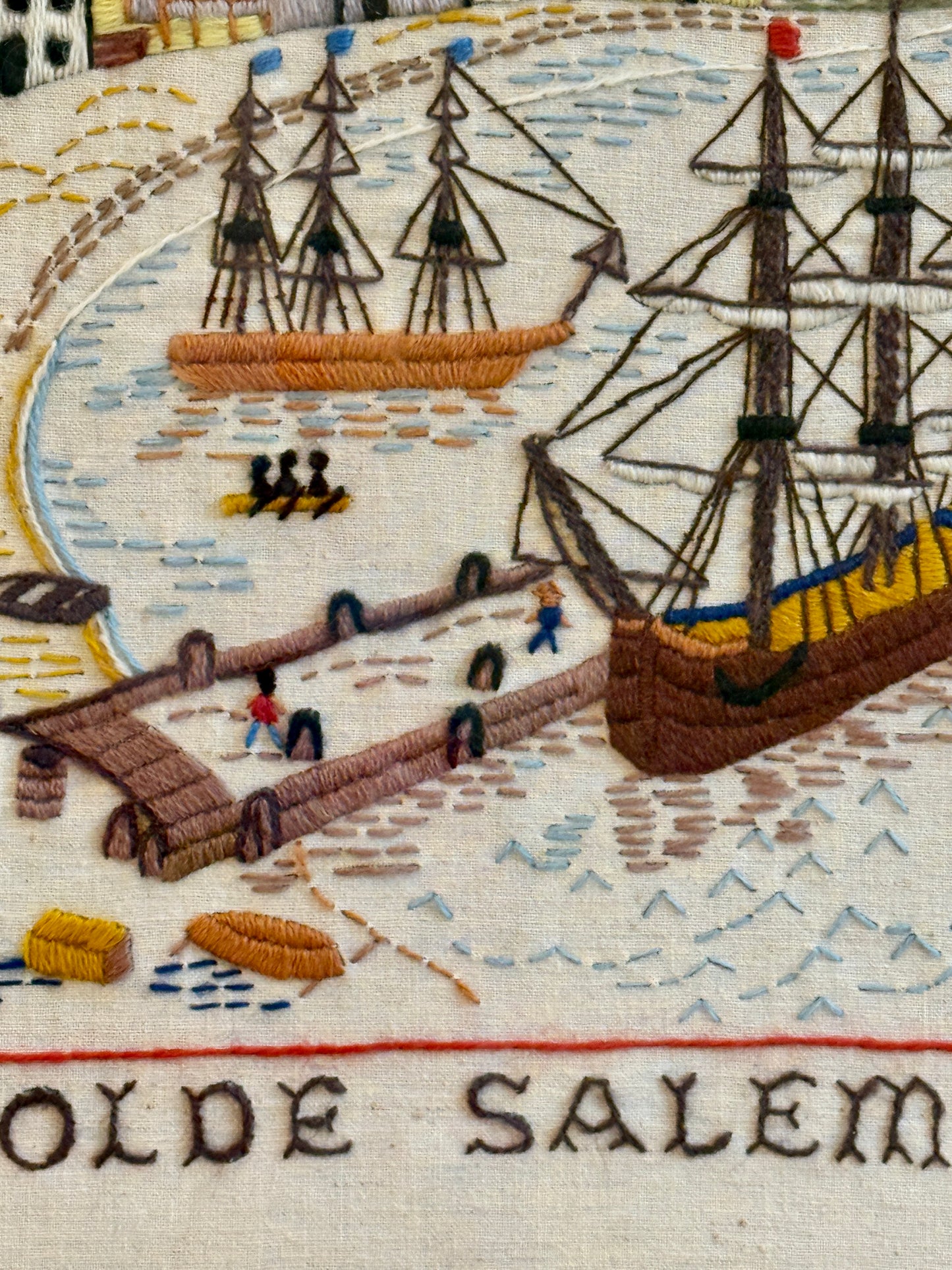 Olde Salem Continental Wharf Salem, MA Needlepoint in Gold Frame