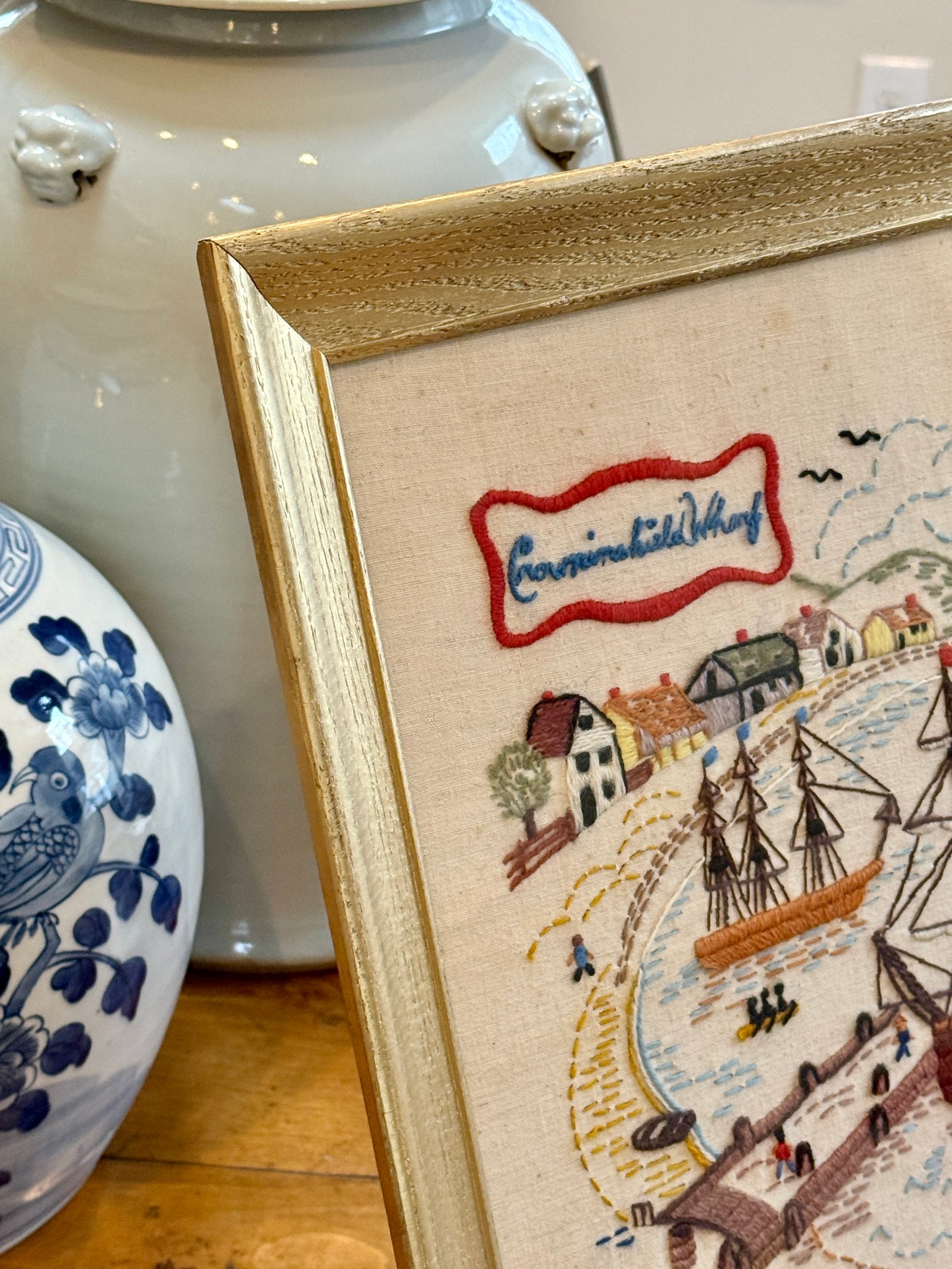 Olde Salem Continental Wharf Salem, MA Needlepoint in Gold Frame