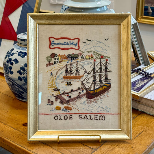 Olde Salem Continental Wharf Salem, MA Needlepoint in Gold Frame