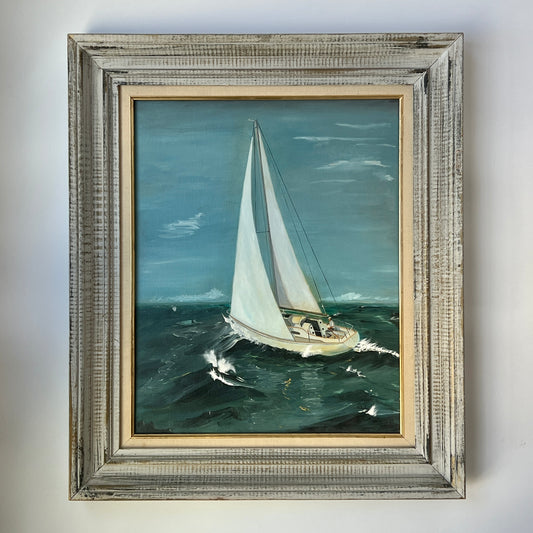 Mid Century Coastal Sailboat Seascape Oil Painting in Vintage Frame