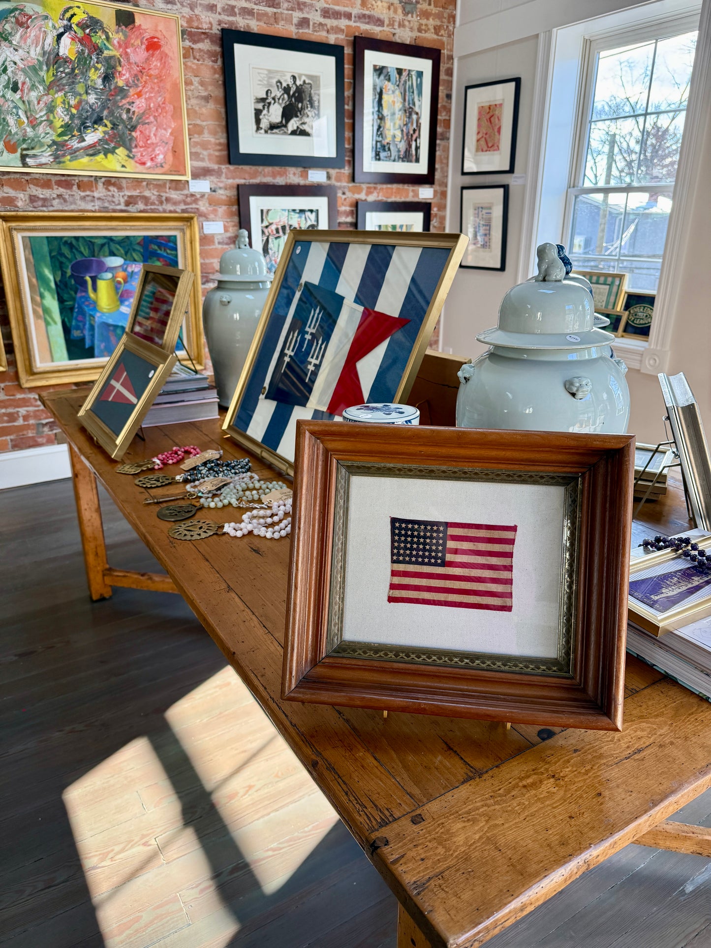 48 Star American Flag on Natural Twill in Deep 19th Century Wood and Gilded Frame