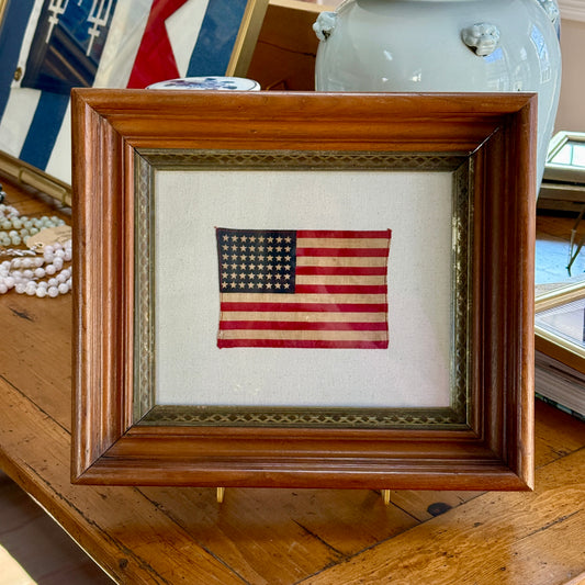 48 Star American Flag on Natural Twill in Deep 19th Century Wood and Gilded Frame