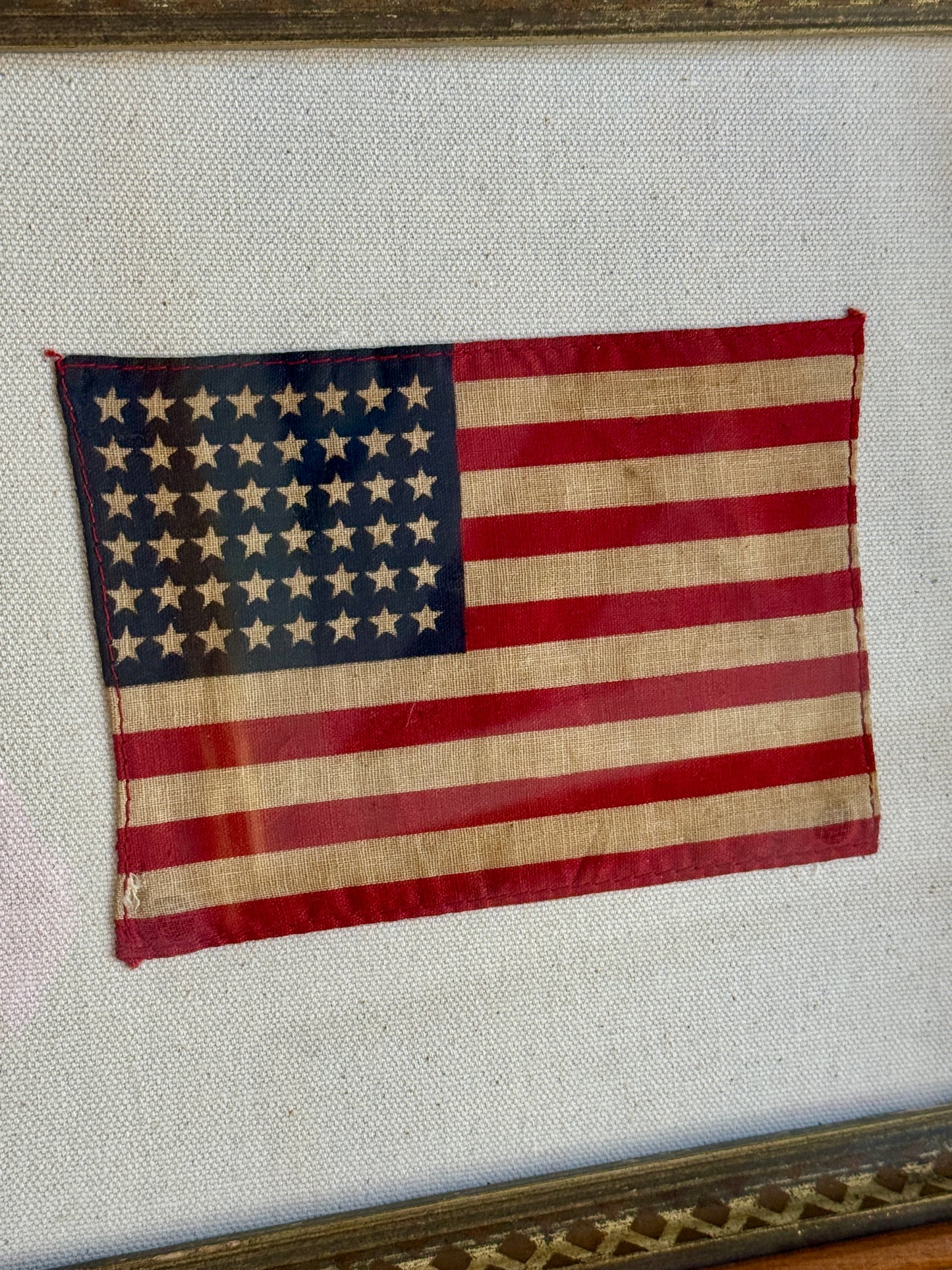 48 Star American Flag on Natural Twill in Deep 19th Century Wood and Gilded Frame