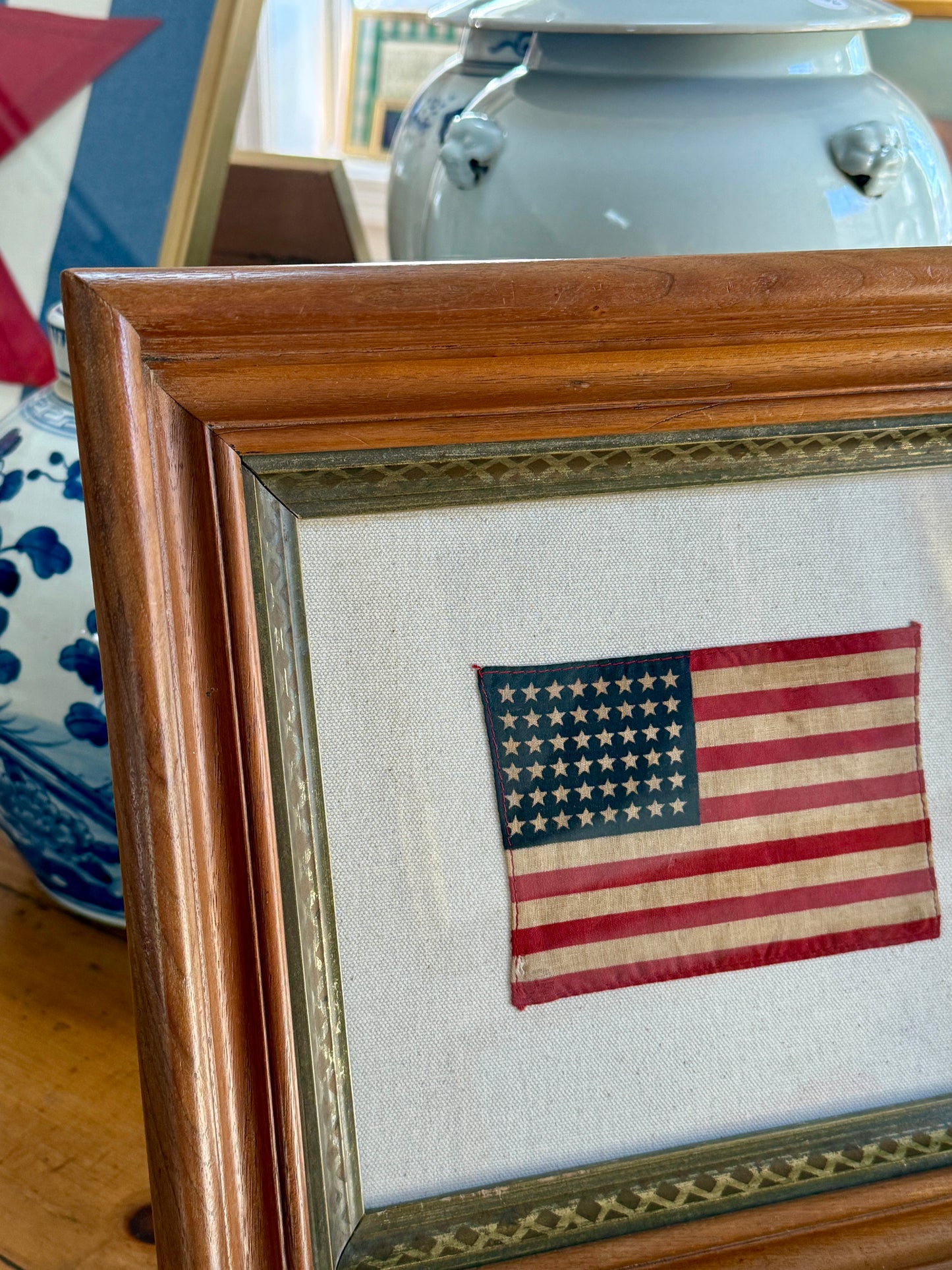48 Star American Flag on Natural Twill in Deep 19th Century Wood and Gilded Frame