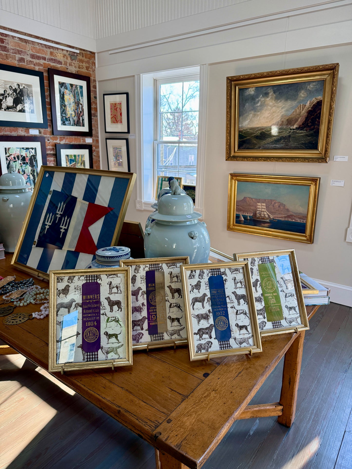 Set of Four Early 20th Century American Kennel Club Dog Show Ribbons on Brown Gingham in Gold Frames