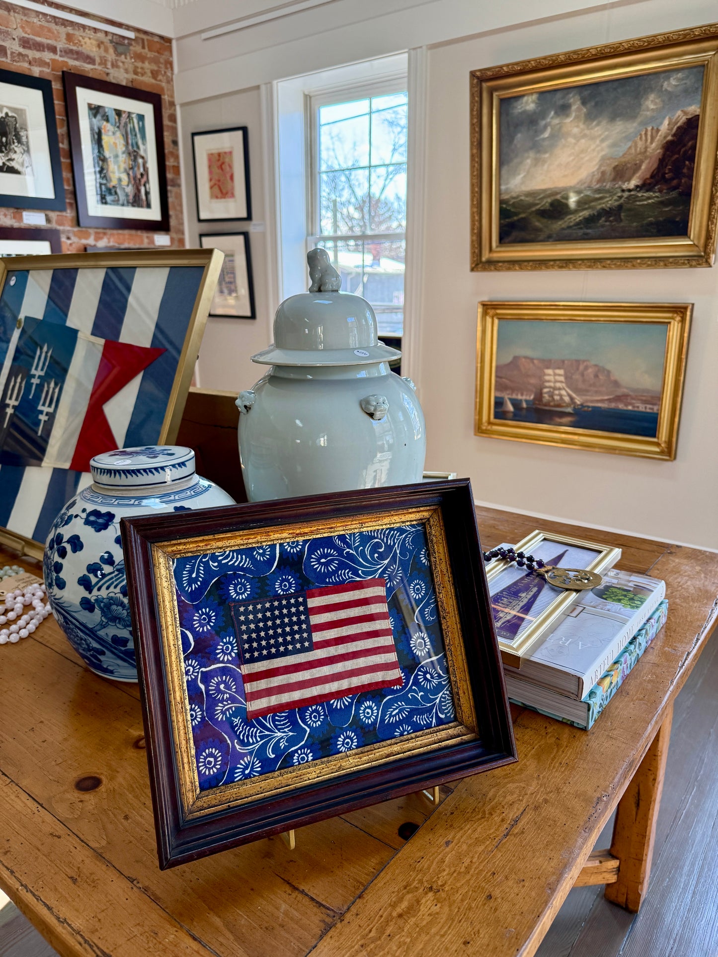 48 Star American Flag on Blue Floral Brunschwig & Fils in 19th Century Wood and Gilded Frame