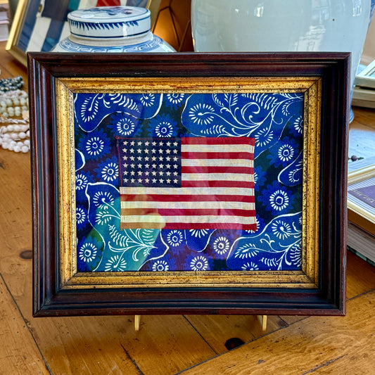 48 Star American Flag on Blue Floral Brunschwig & Fils in 19th Century Wood and Gilded Frame