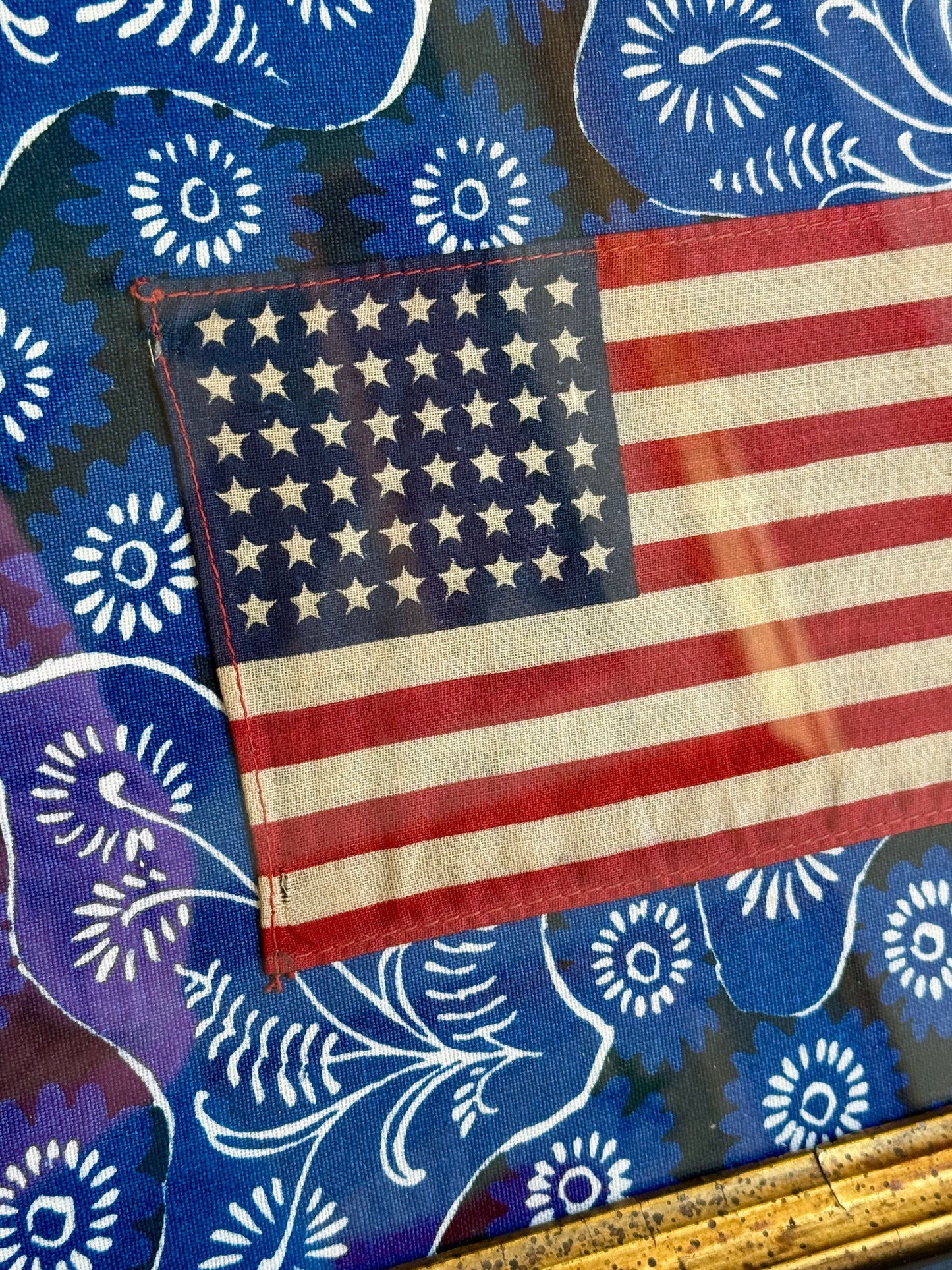 48 Star American Flag on Blue Floral Brunschwig & Fils in 19th Century Wood and Gilded Frame