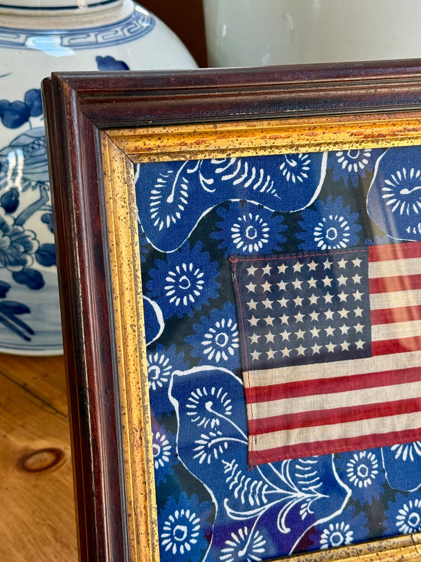48 Star American Flag on Blue Floral Brunschwig & Fils in 19th Century Wood and Gilded Frame