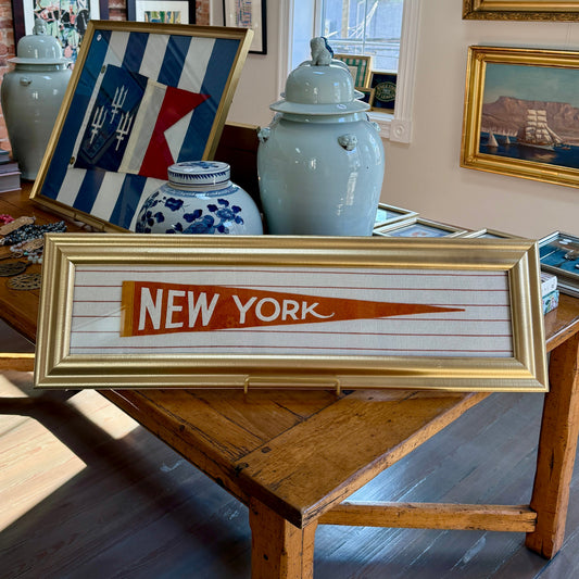 Vintage New York Orange Felt Pennant on Orange and Ivory Stripes in Gold Frame