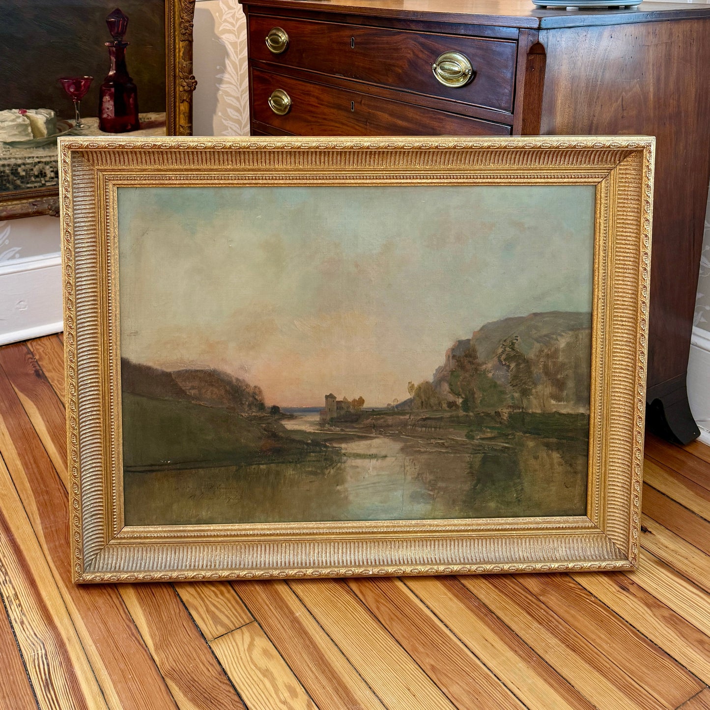 Late 19th - Early 20th Century French School Chateau on the River Oil Painting in Ornate Gold Frame