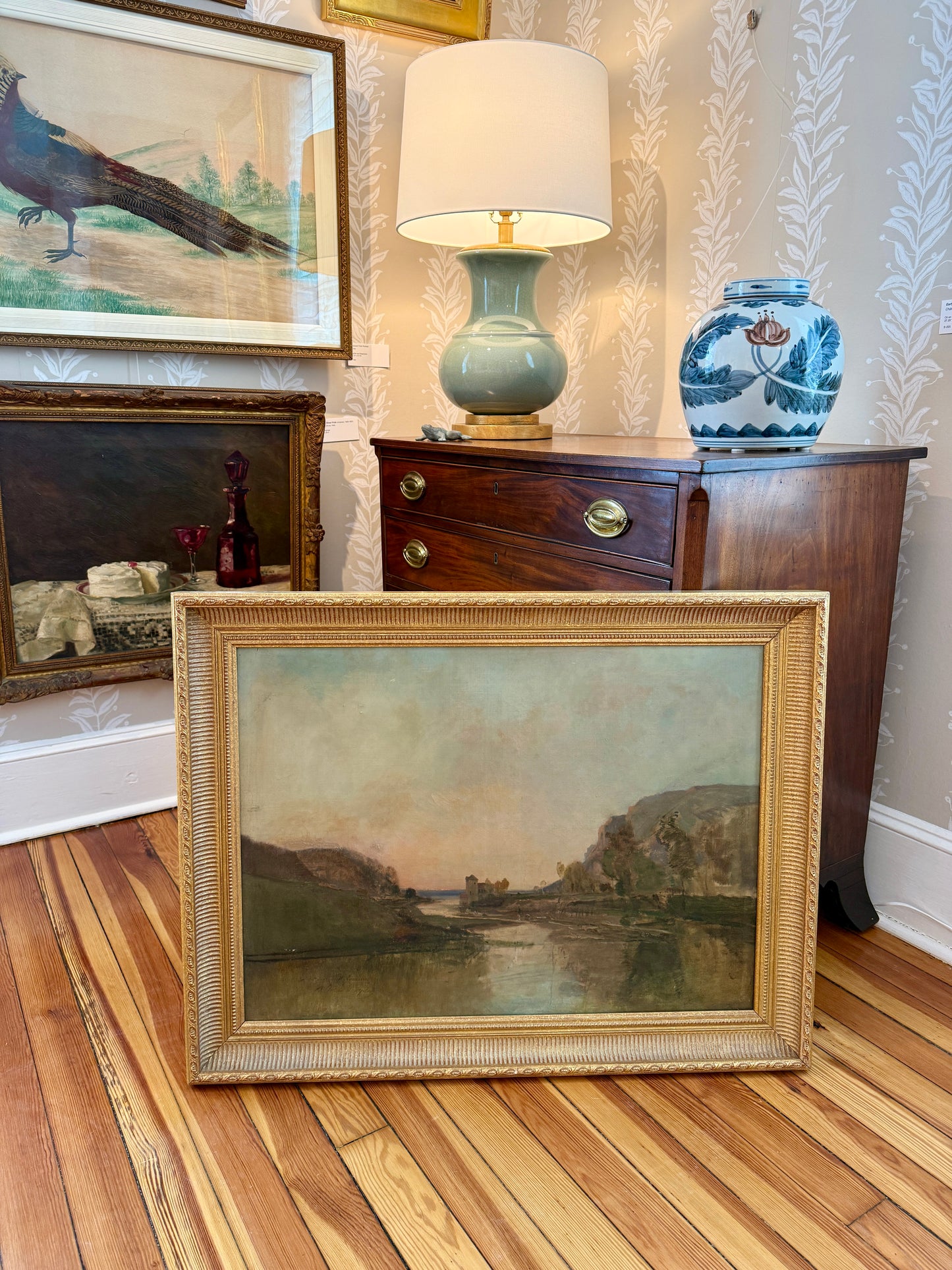 Late 19th - Early 20th Century French School Chateau on the River Oil Painting in Ornate Gold Frame