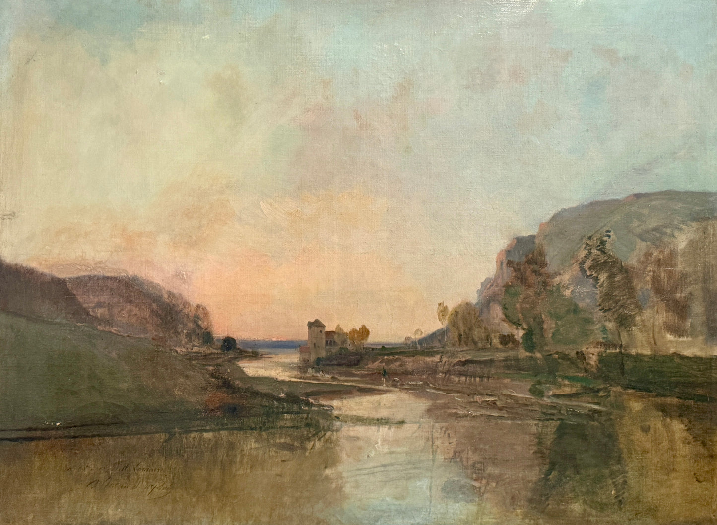 Late 19th - Early 20th Century French School Chateau on the River Oil Painting in Ornate Gold Frame