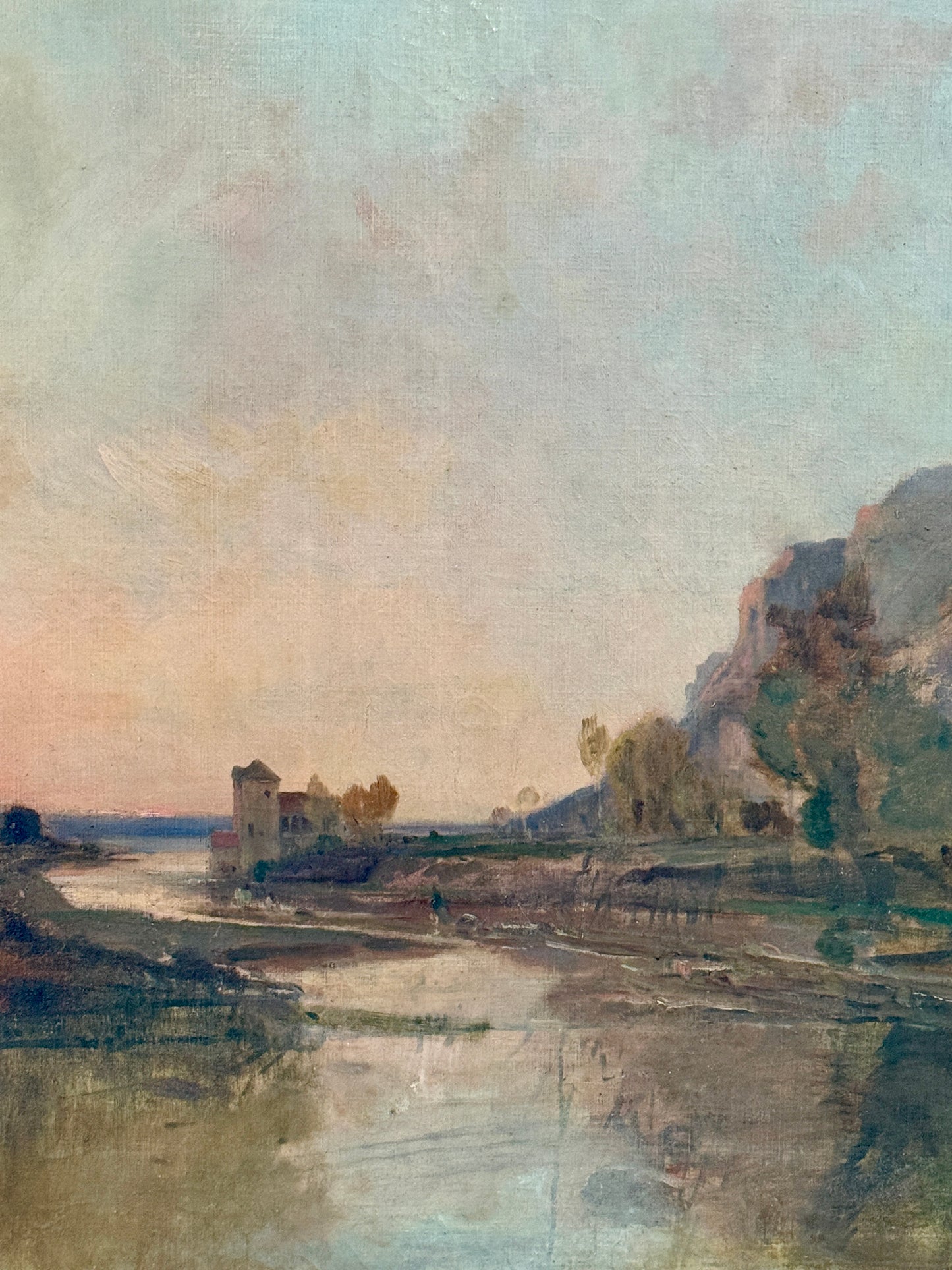 Late 19th - Early 20th Century French School Chateau on the River Oil Painting in Ornate Gold Frame