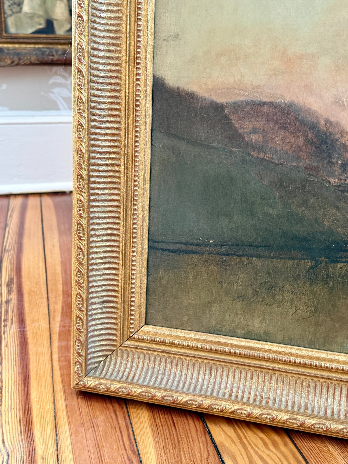 Late 19th - Early 20th Century French School Chateau on the River Oil Painting in Ornate Gold Frame