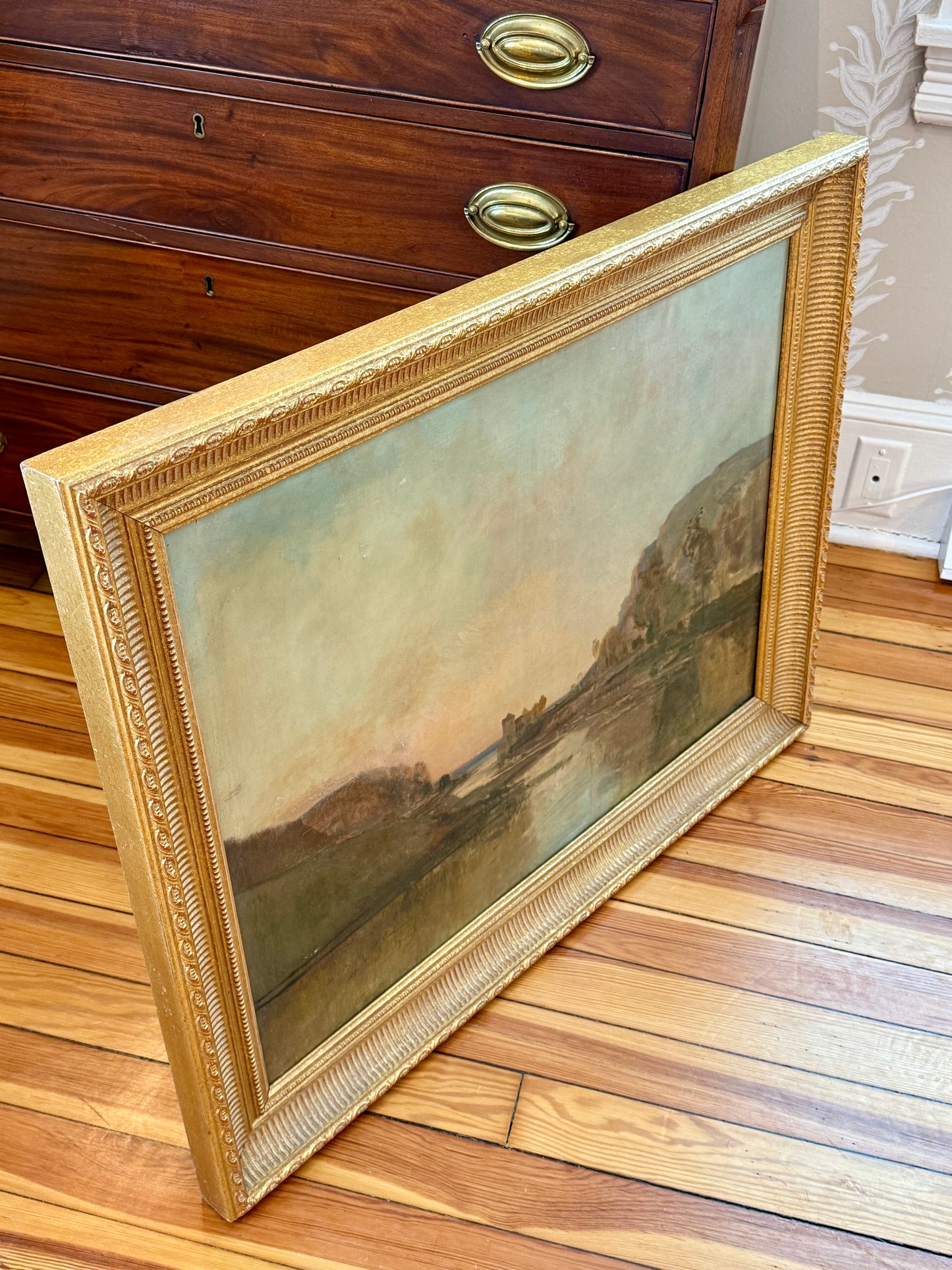Late 19th - Early 20th Century French School Chateau on the River Oil Painting in Ornate Gold Frame