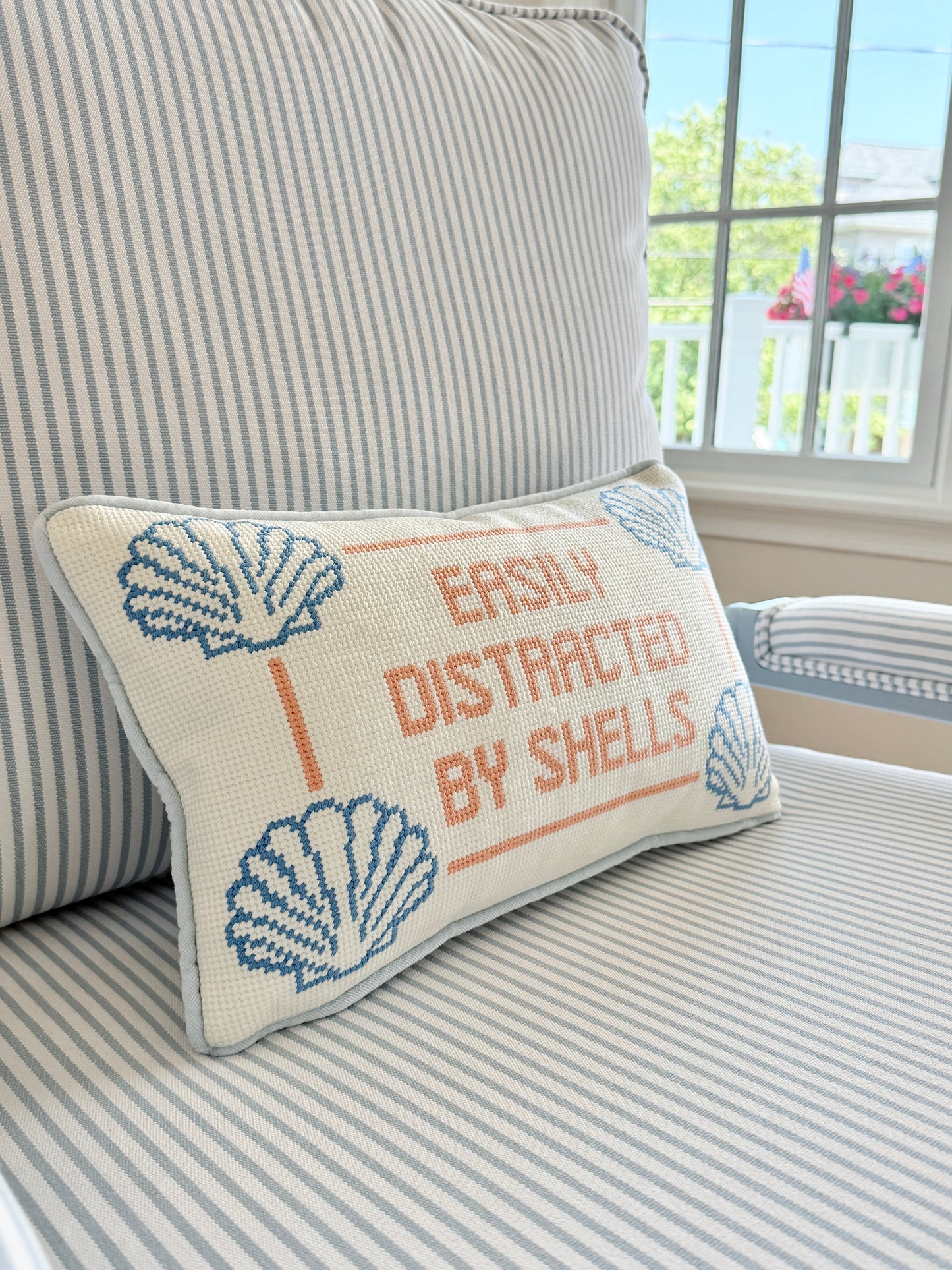 "Easily Distracted By Shells" Needlepoint Pillow