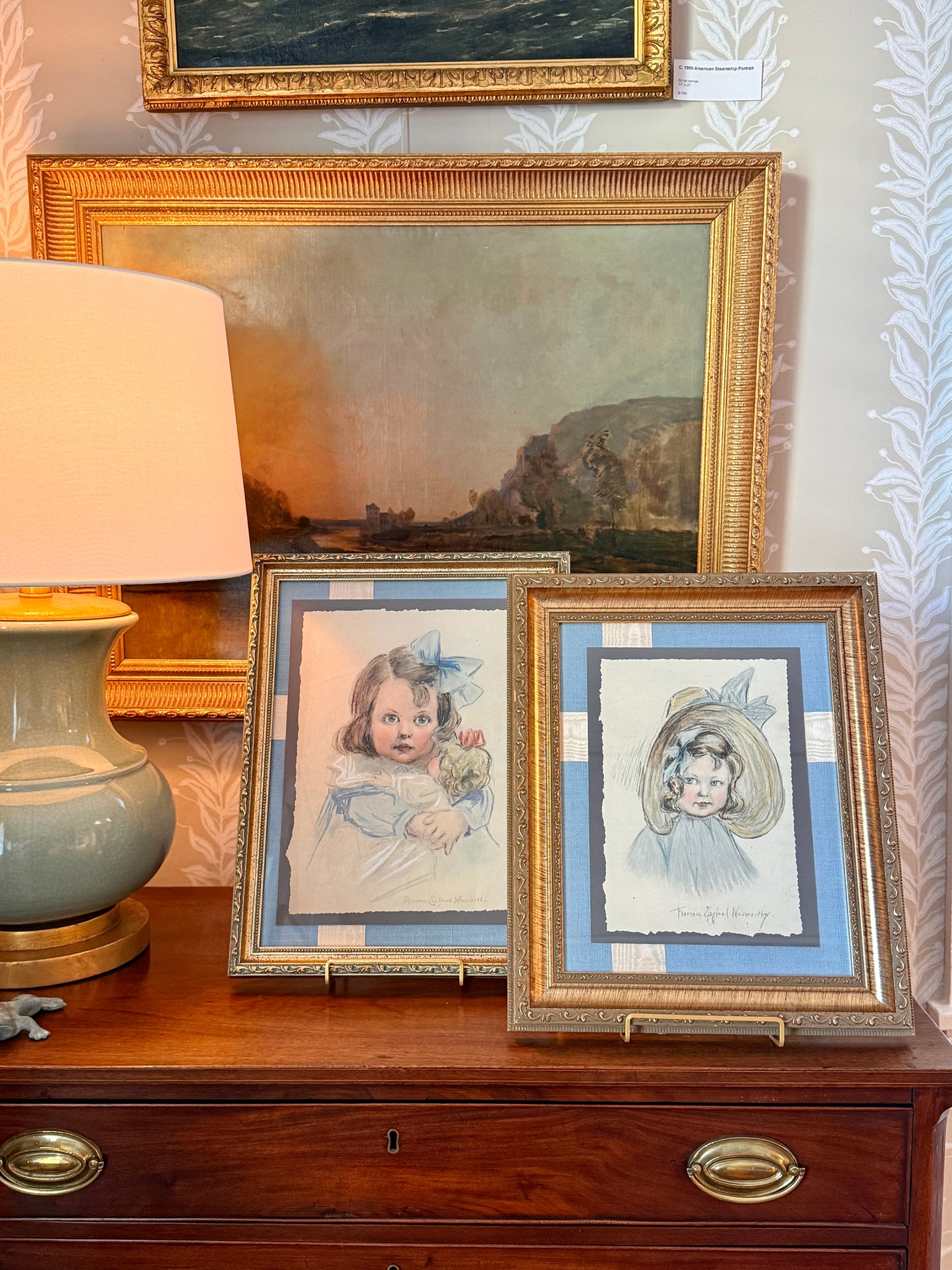 Florence Norworthy Pastel Portrait of Girl and Baby Doll in Blue Bow on Light Blue Twill and Watered Silk in Ornate Gold Frame