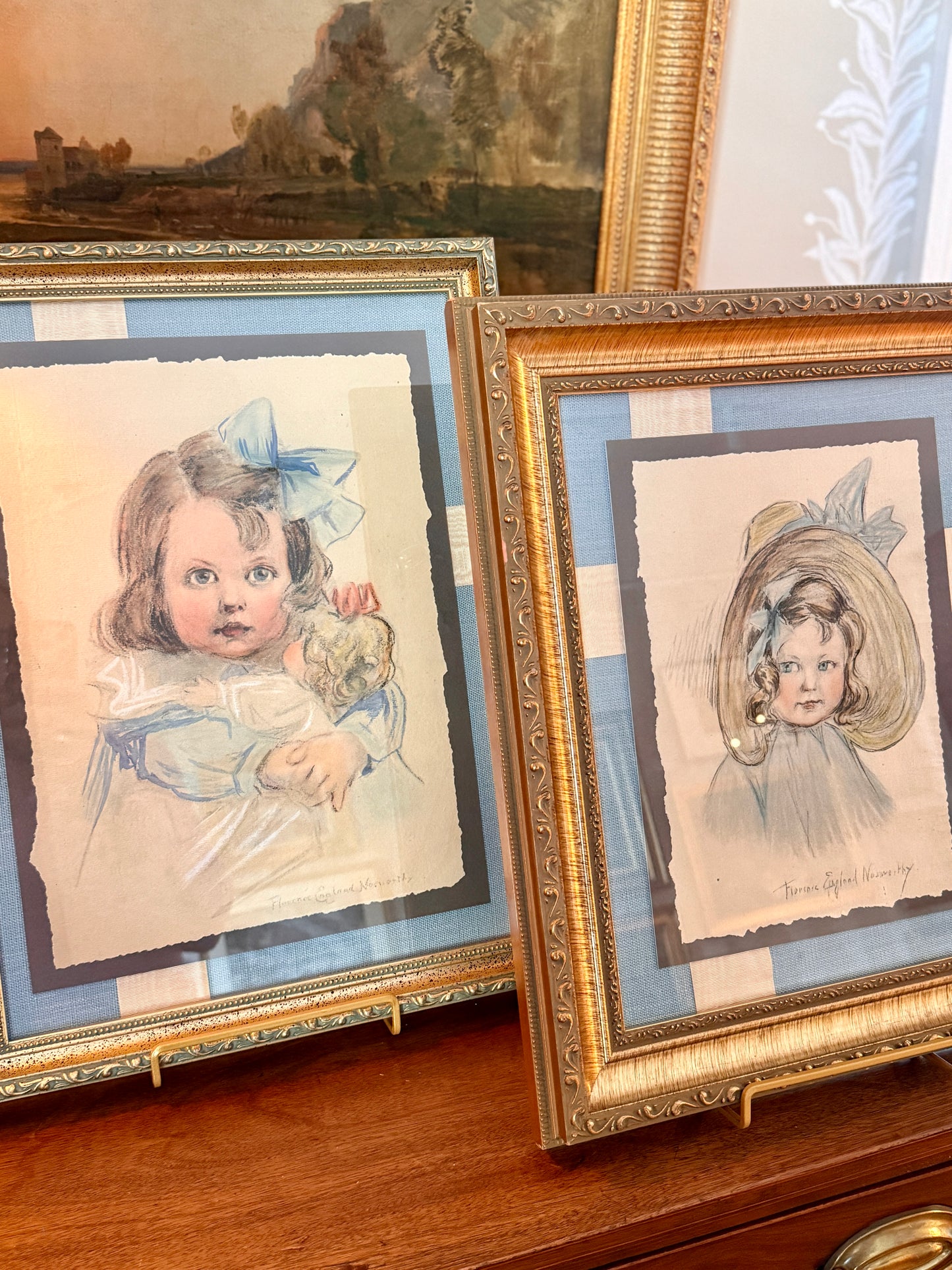 Florence Norworthy Pastel Portrait of Girl and Baby Doll in Blue Bow on Light Blue Twill and Watered Silk in Ornate Gold Frame