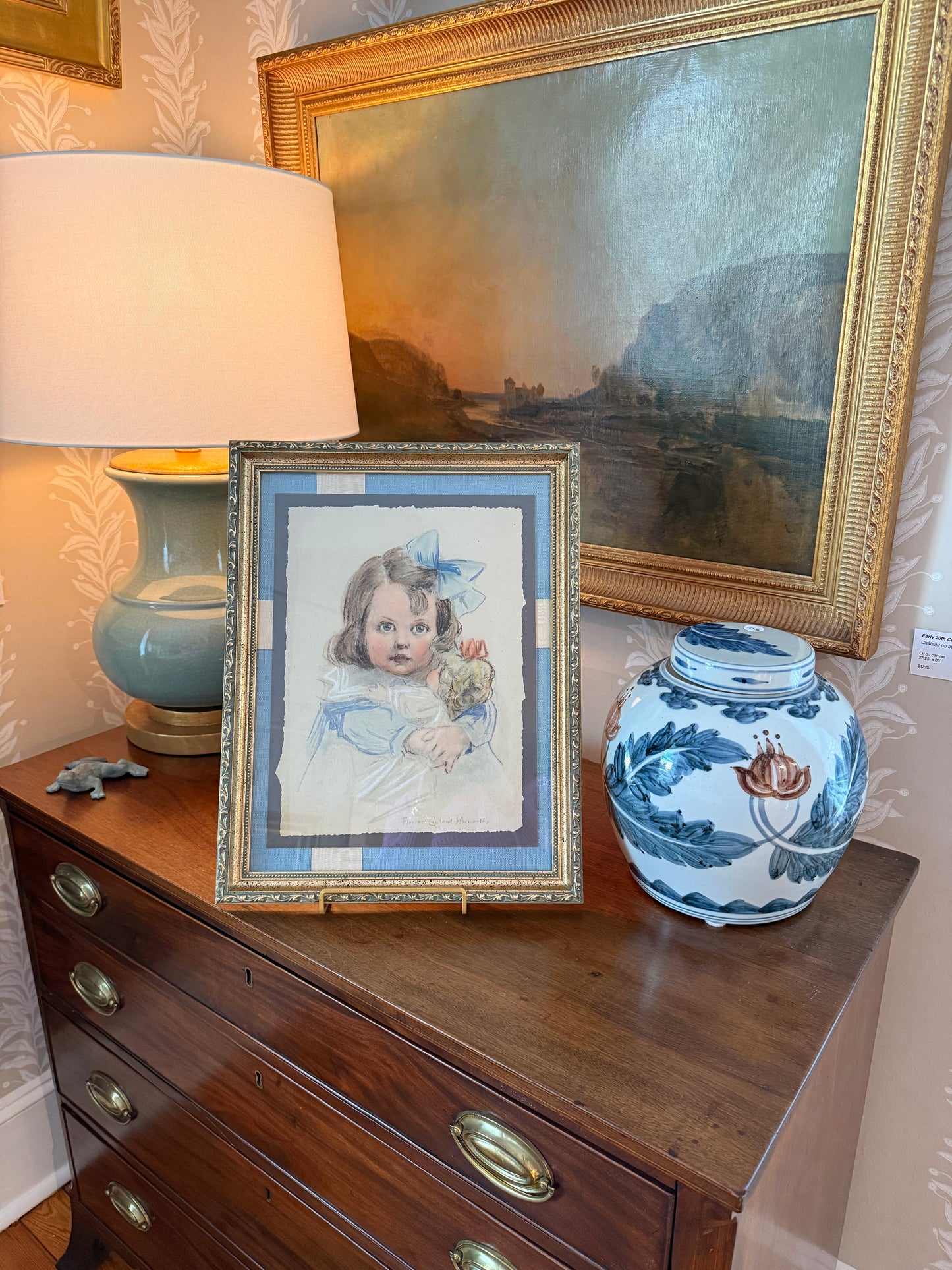 Florence Norworthy Pastel Portrait of Girl and Baby Doll in Blue Bow on Light Blue Twill and Watered Silk in Ornate Gold Frame