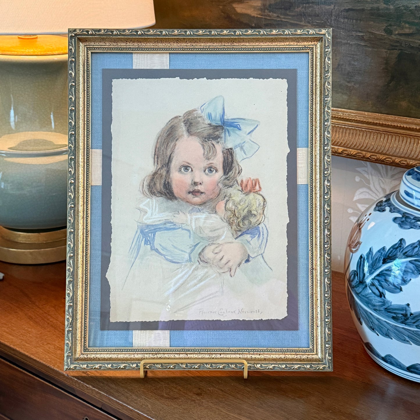 Florence Norworthy Pastel Portrait of Girl and Baby Doll in Blue Bow on Light Blue Twill and Watered Silk in Ornate Gold Frame