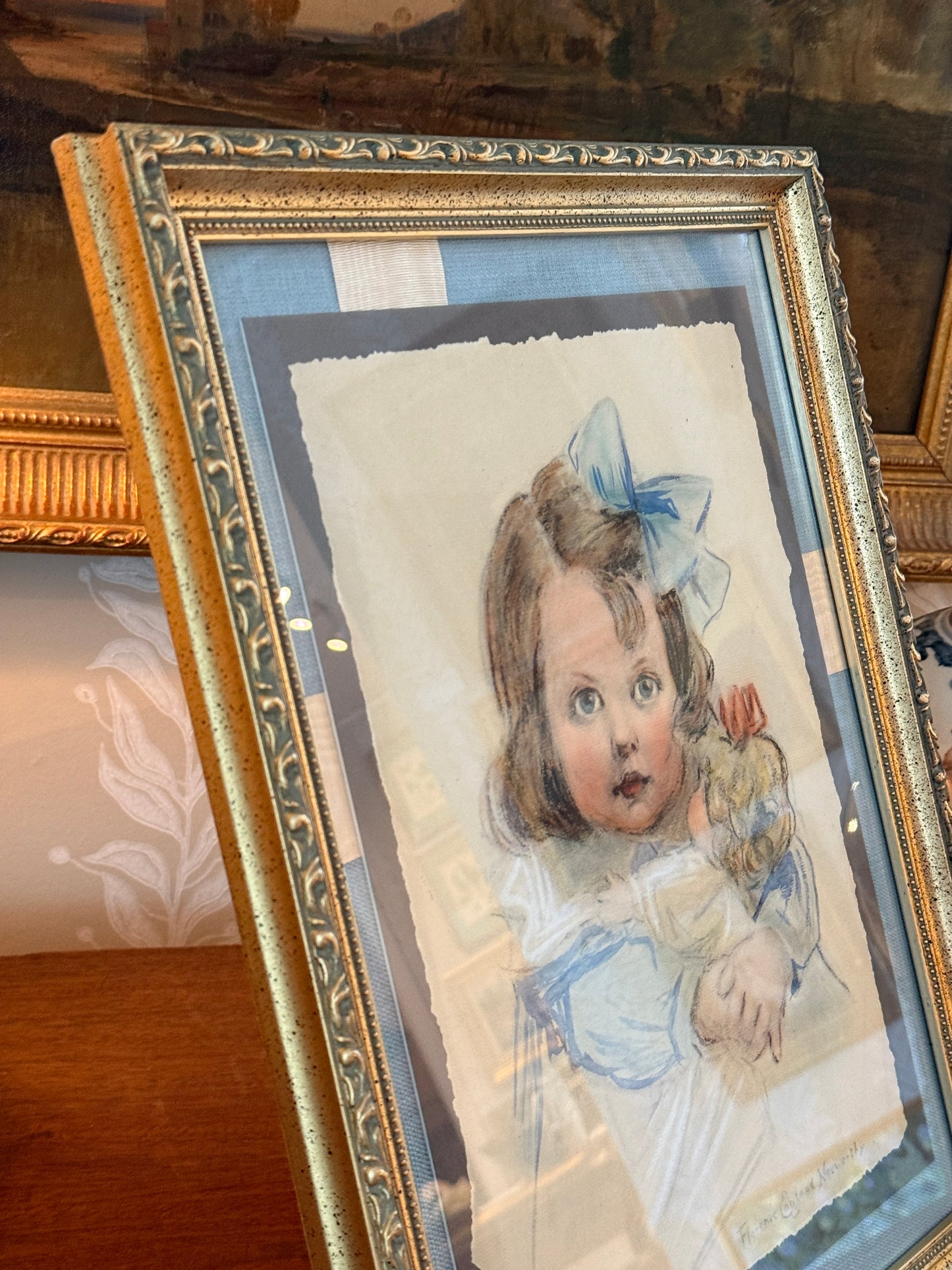 Florence Norworthy Pastel Portrait of Girl and Baby Doll in Blue Bow on Light Blue Twill and Watered Silk in Ornate Gold Frame