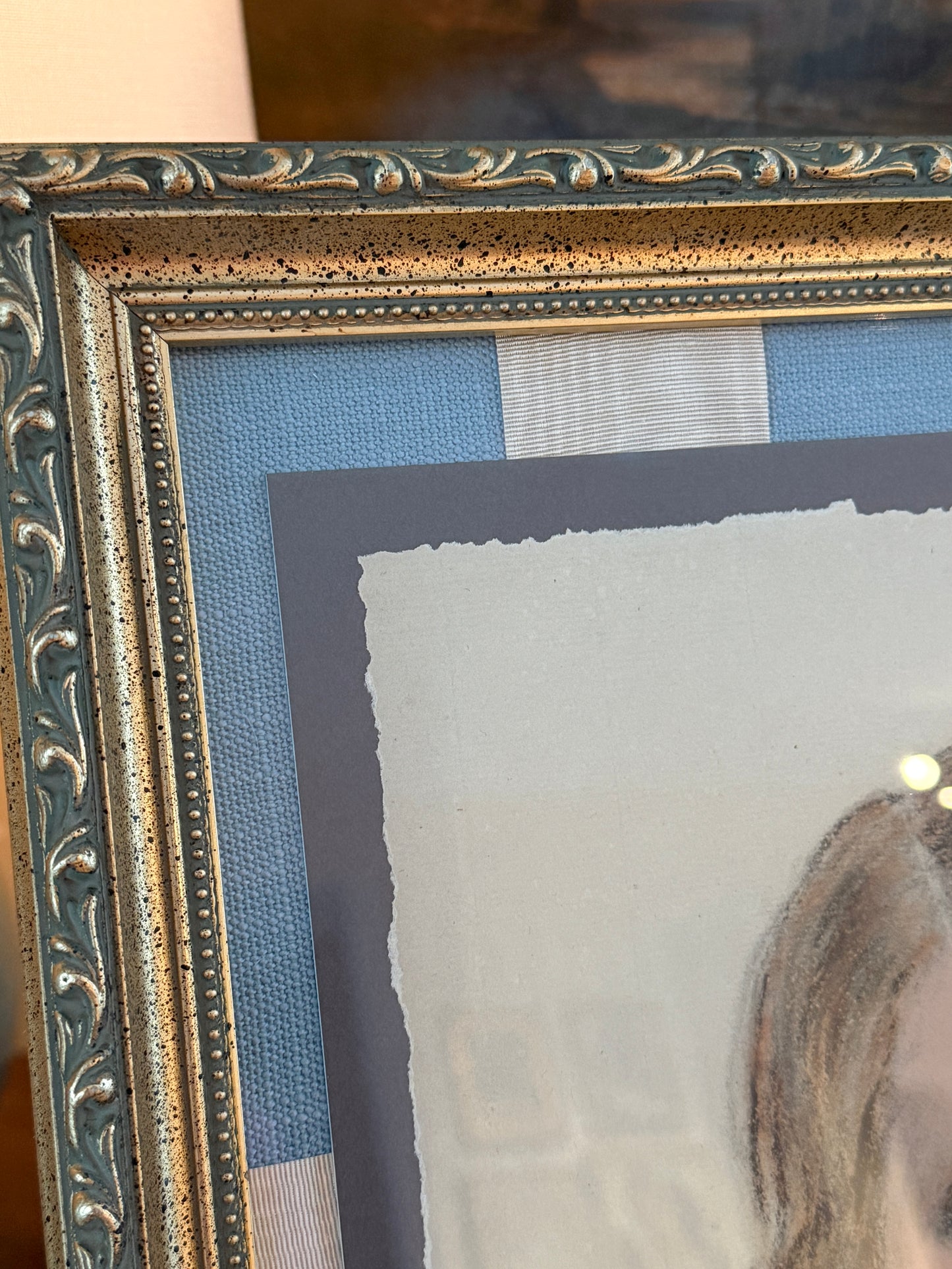 Florence Norworthy Pastel Portrait of Girl and Baby Doll in Blue Bow on Light Blue Twill and Watered Silk in Ornate Gold Frame