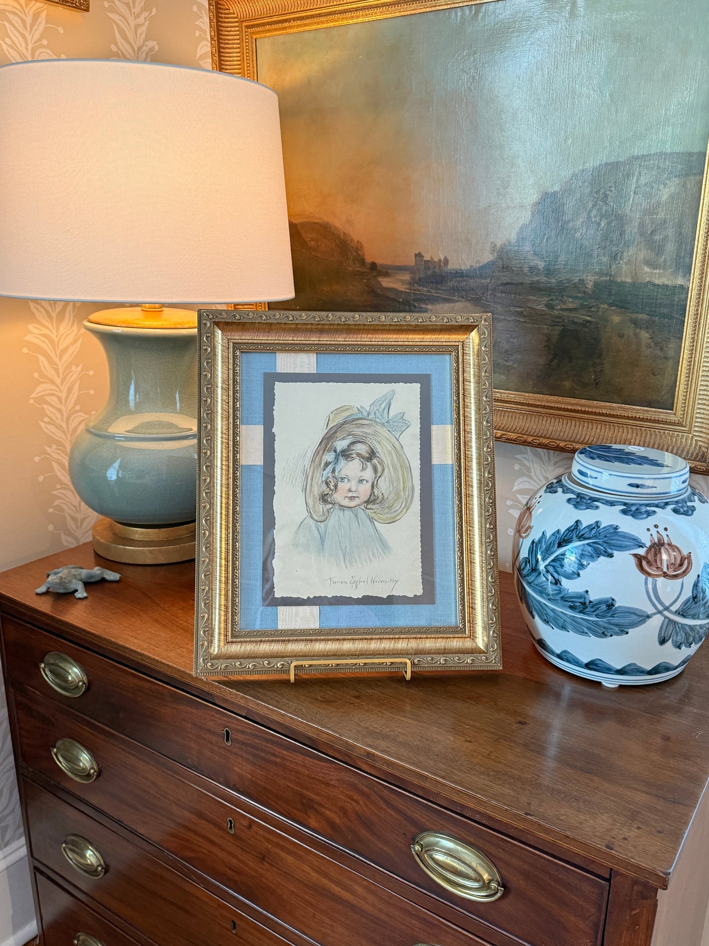 Florence Norworthy Pastel Portrait of Girl in Sun Hat with Bow in Ornate Gold Frame