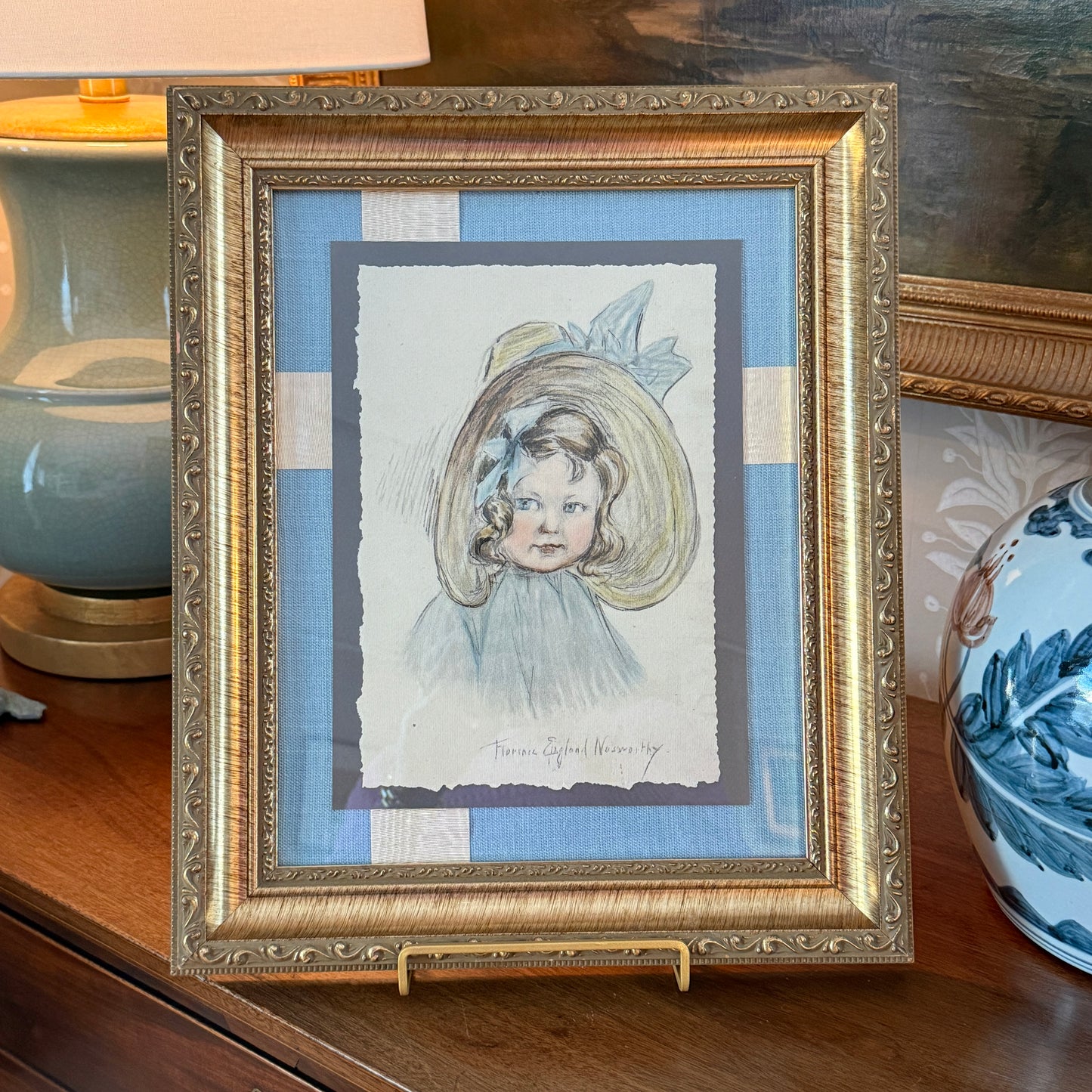 Florence Norworthy Pastel Portrait of Girl in Sun Hat with Bow in Ornate Gold Frame