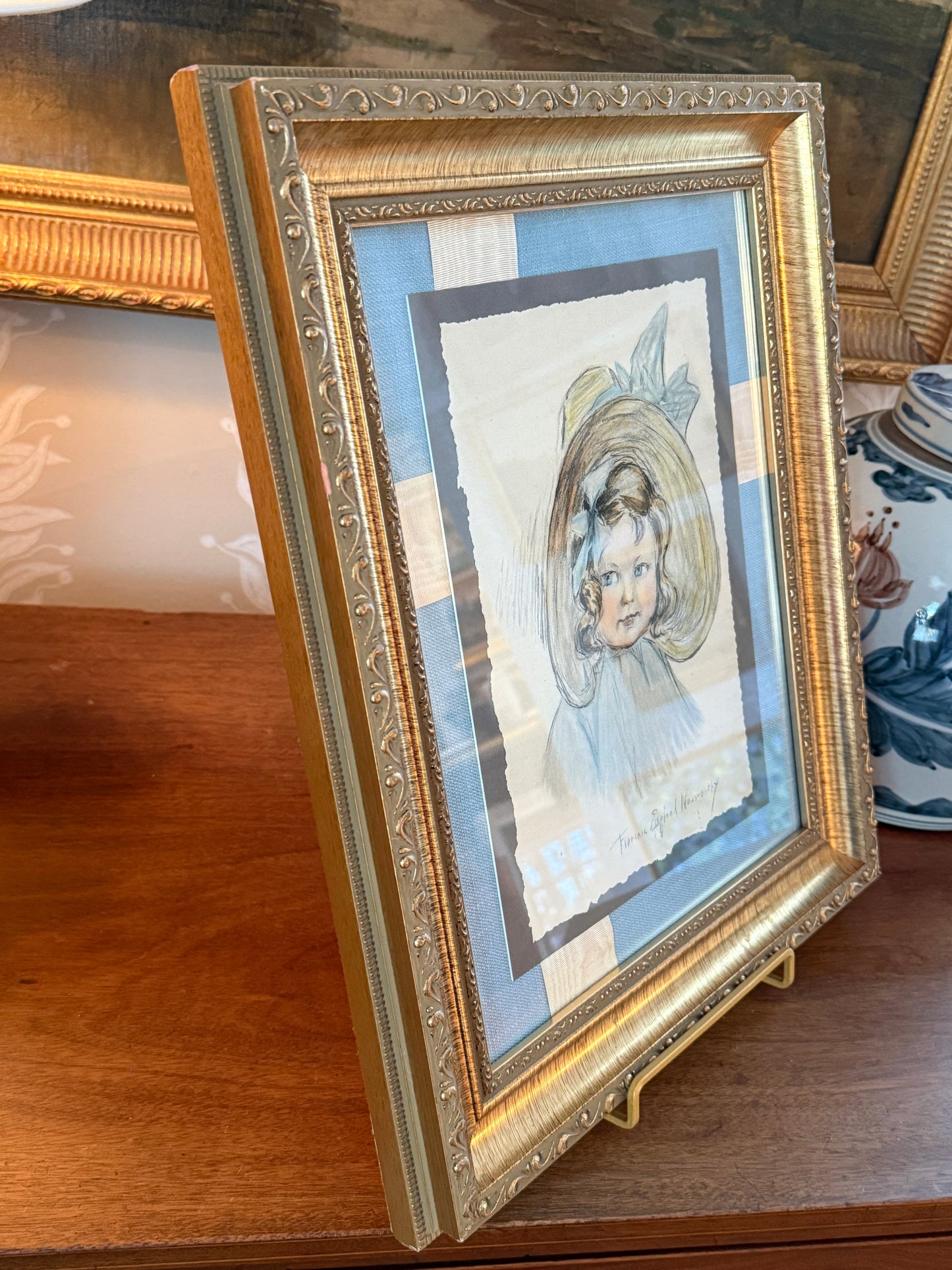Florence Norworthy Pastel Portrait of Girl in Sun Hat with Bow in Ornate Gold Frame