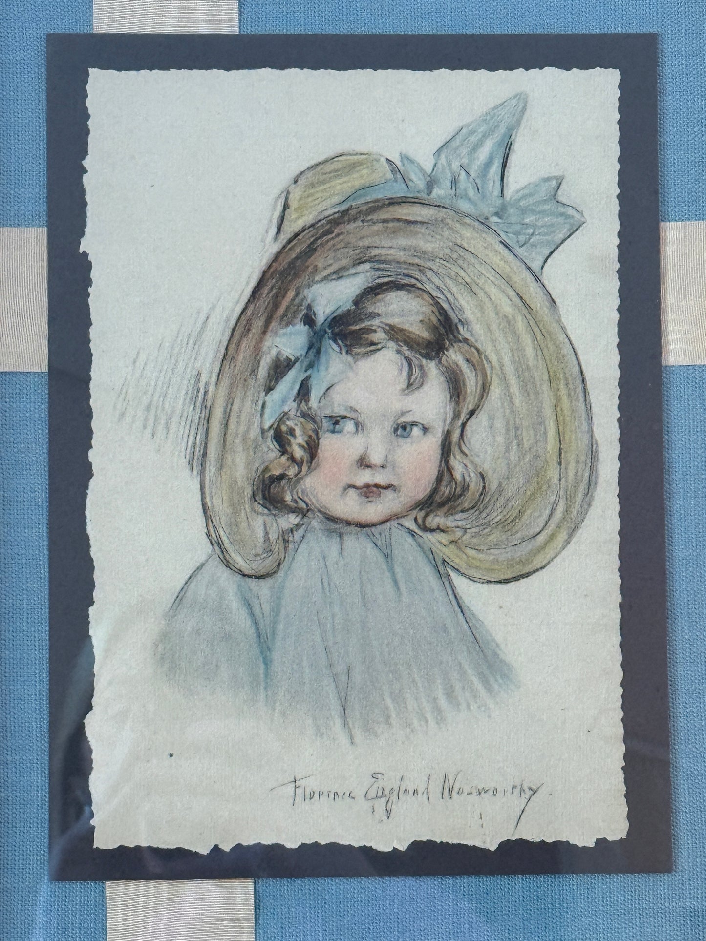 Florence Norworthy Pastel Portrait of Girl in Sun Hat with Bow in Ornate Gold Frame