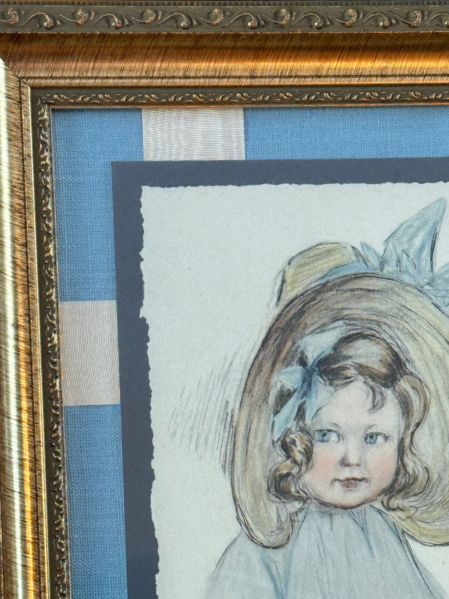 Florence Norworthy Pastel Portrait of Girl in Sun Hat with Bow in Ornate Gold Frame