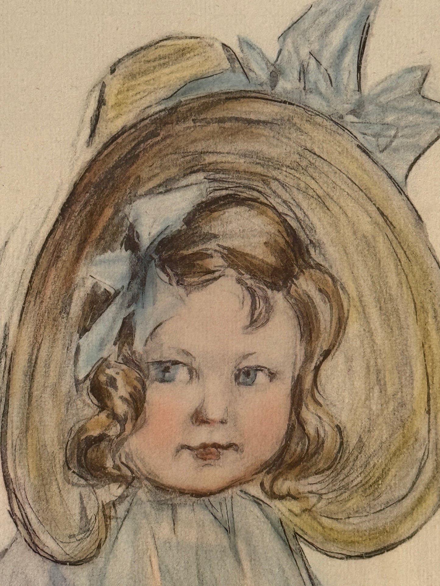 Florence Norworthy Pastel Portrait of Girl in Sun Hat with Bow in Ornate Gold Frame