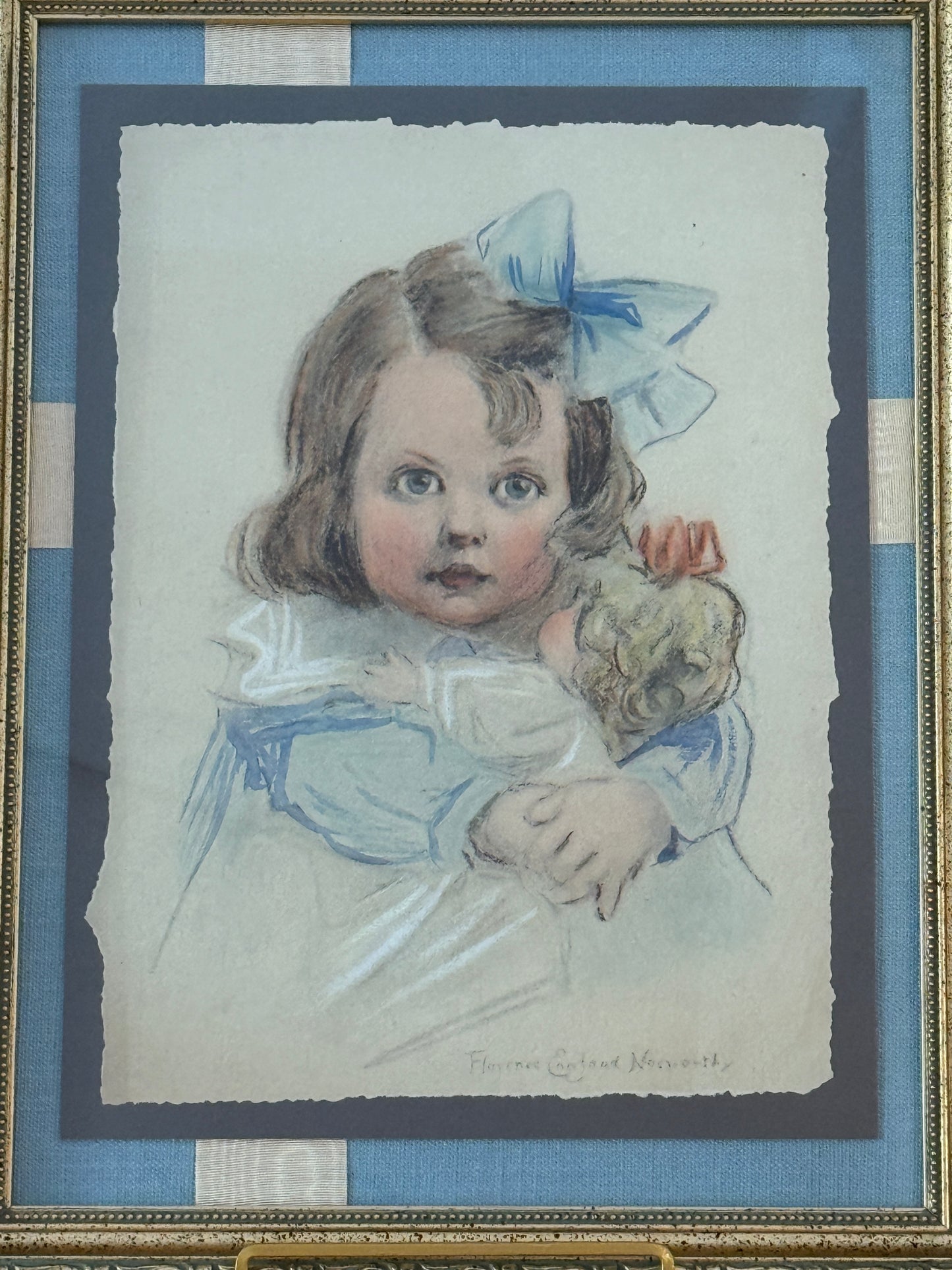 Florence Norworthy Pastel Portrait of Girl and Baby Doll in Blue Bow on Light Blue Twill and Watered Silk in Ornate Gold Frame