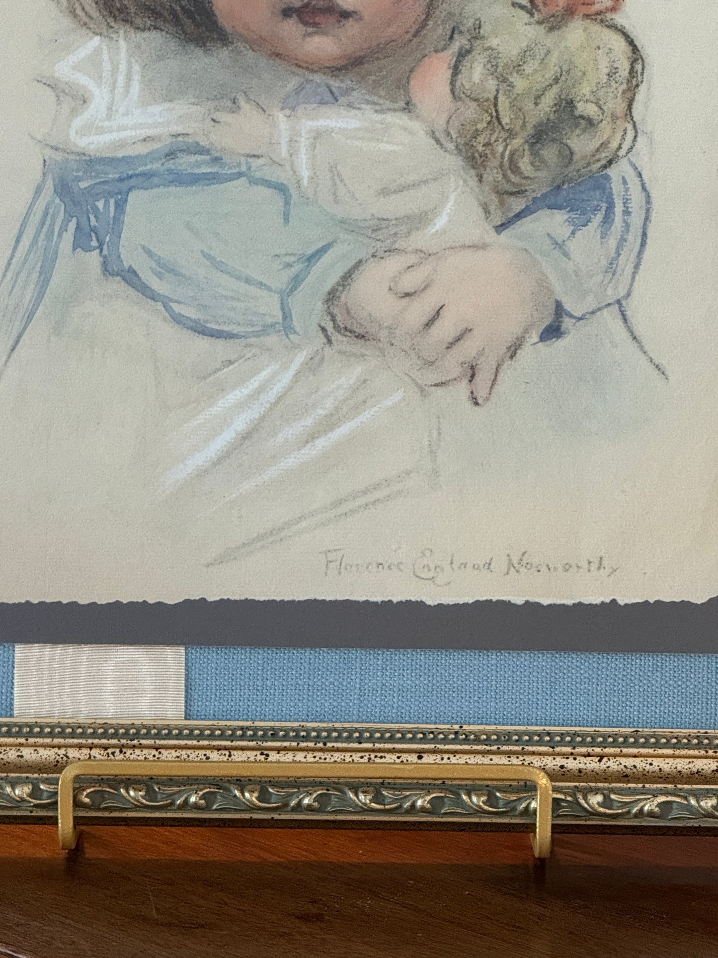 Florence Norworthy Pastel Portrait of Girl and Baby Doll in Blue Bow on Light Blue Twill and Watered Silk in Ornate Gold Frame