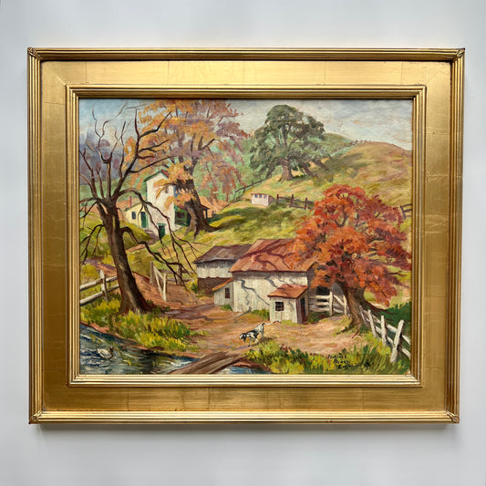 Florence Prince Ewing (American, 1898-1965) Oil Painting of Colorful Farm Landscape in Gold Frame