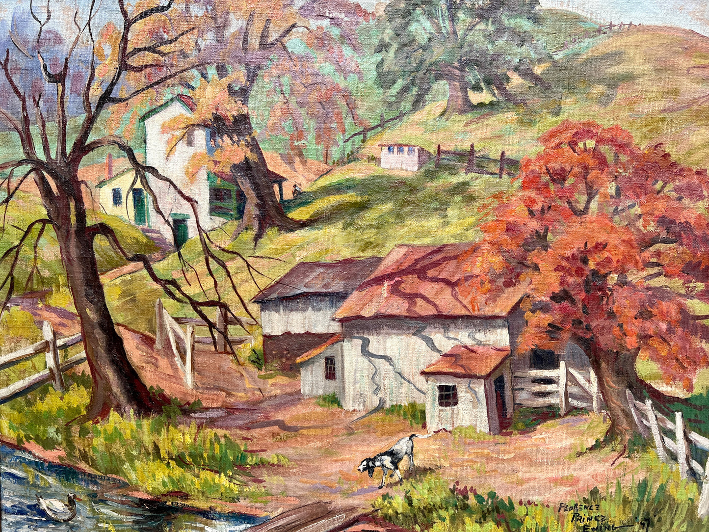 Florence Prince Ewing (American, 1898-1965) Oil Painting of Colorful Farm Landscape in Gold Frame