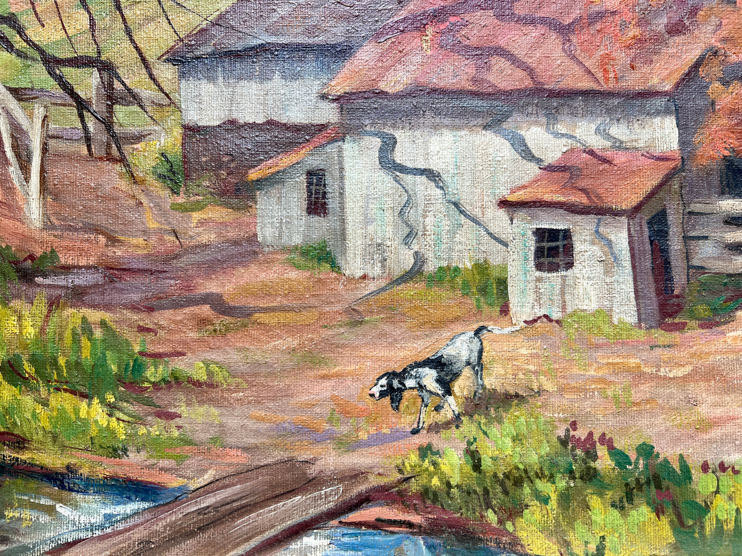 Florence Prince Ewing (American, 1898-1965) Oil Painting of Colorful Farm Landscape in Gold Frame