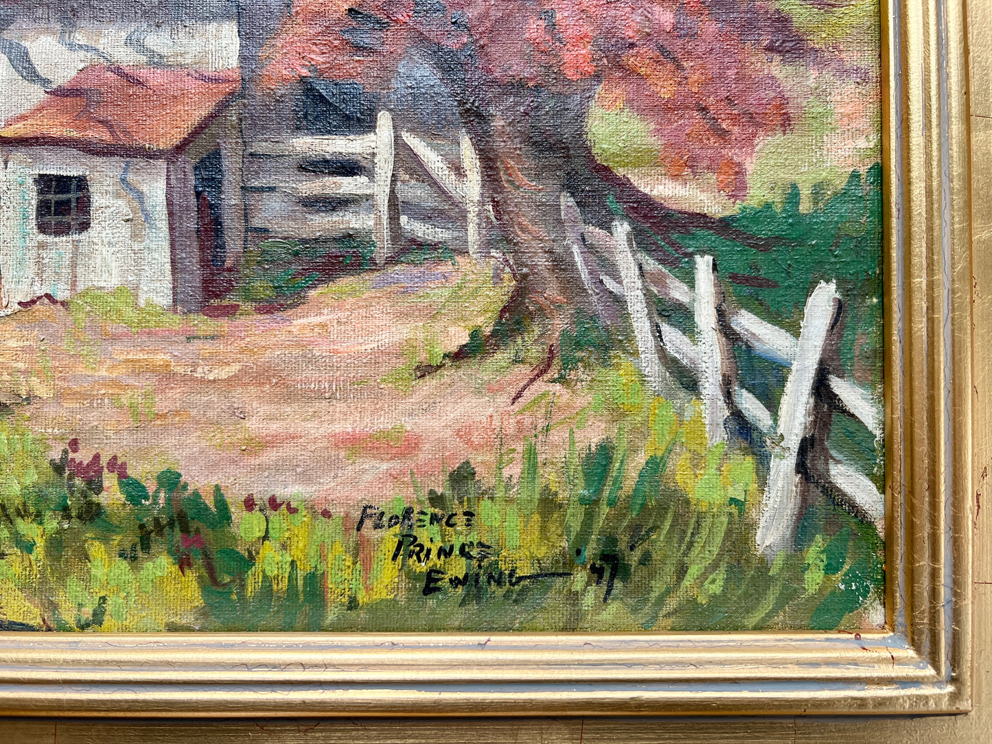 Florence Prince Ewing (American, 1898-1965) Oil Painting of Colorful Farm Landscape in Gold Frame