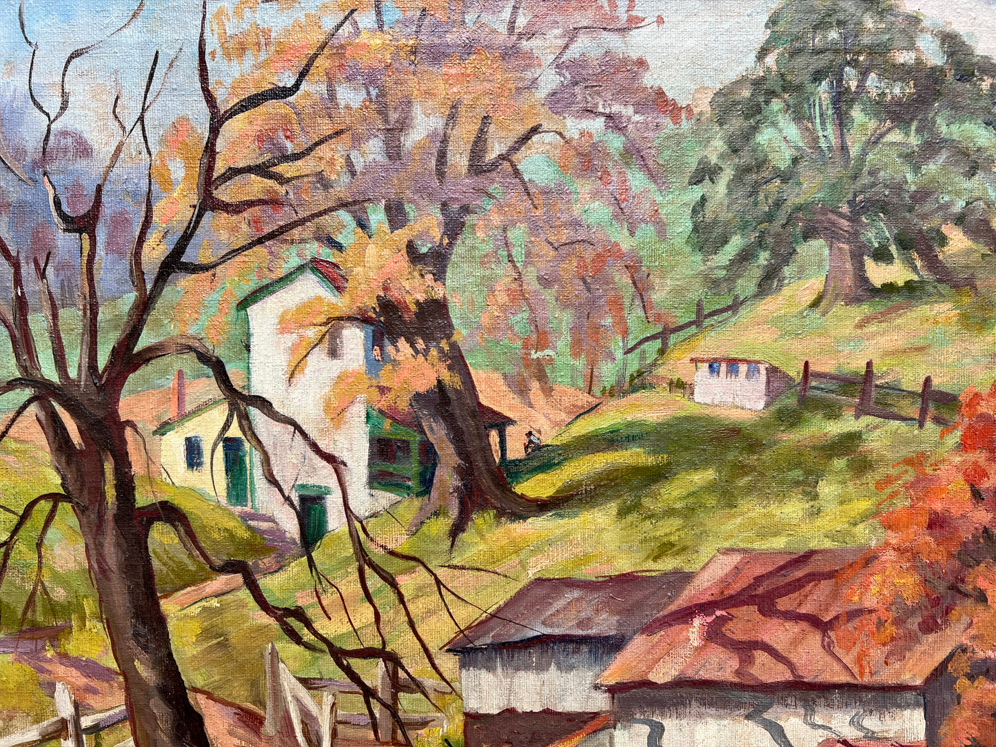 Florence Prince Ewing (American, 1898-1965) Oil Painting of Colorful Farm Landscape in Gold Frame