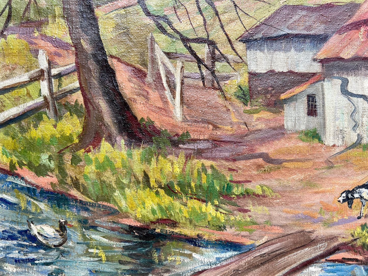 Florence Prince Ewing (American, 1898-1965) Oil Painting of Colorful Farm Landscape in Gold Frame
