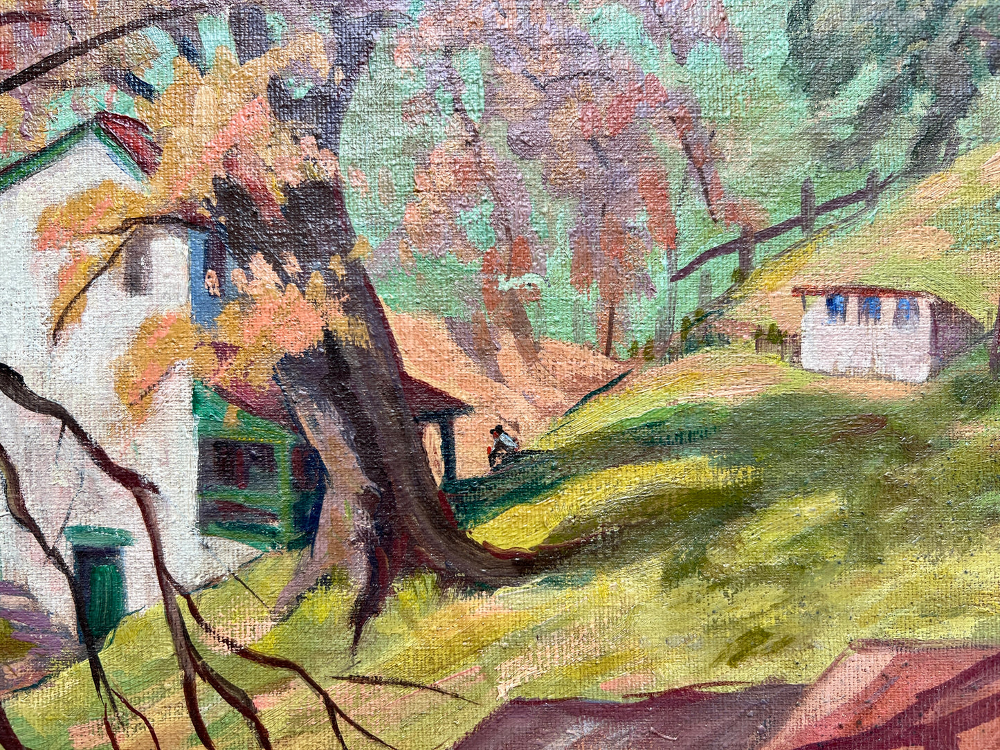 Florence Prince Ewing (American, 1898-1965) Oil Painting of Colorful Farm Landscape in Gold Frame
