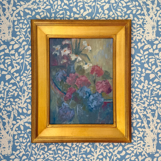 Vintage Hydrangea Floral Still Life Oil Painting in Gold Frame