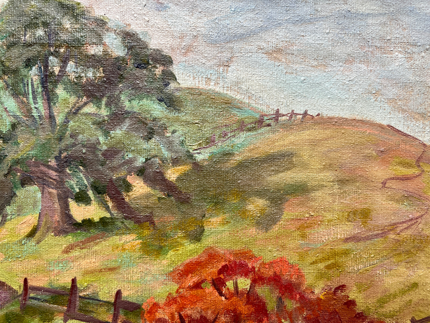Florence Prince Ewing (American, 1898-1965) Oil Painting of Colorful Farm Landscape in Gold Frame