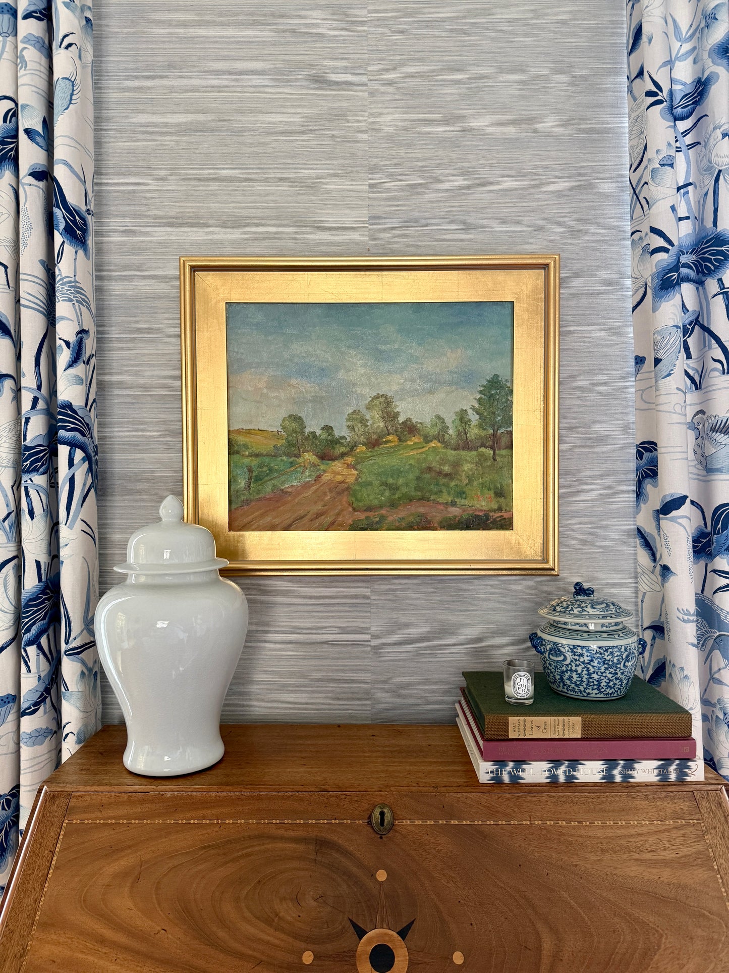 Vintage Impressionist Winding Road Country Landscape Oil Painting in Gold Frame